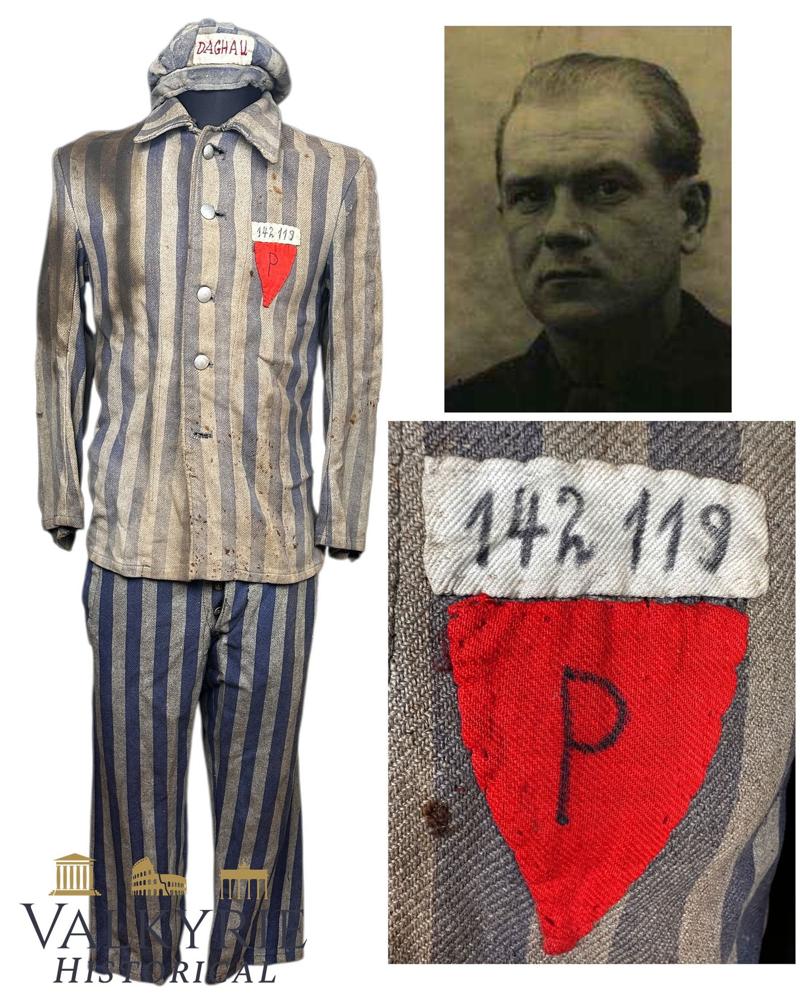 Ultra Rare Set Consisting Of KL Dachau Polish Political Prisoner Uniform With Jacket, Pants & Cap: Ultra Rare Set Consisting Of KL Dachau Polish Political Prisoner Marian Luzak born in Kemnetz 29.06.1914 and got it number in KL DAchau 142119. The set includes: Uniform With Jacket, Pants & Cap + cop