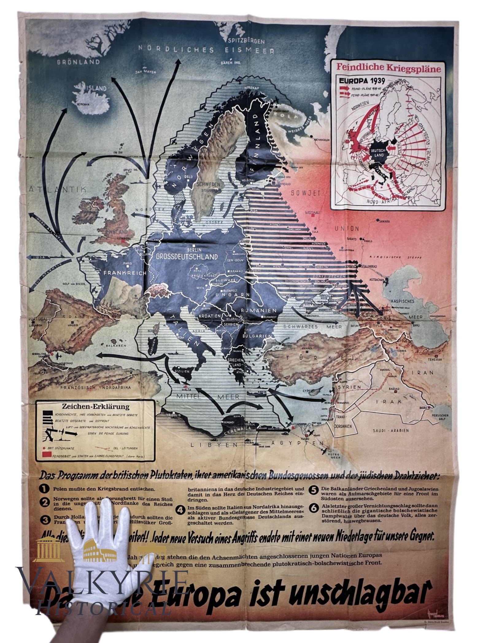 German Nazi Propaganda Foldable Poster Entitled "Europe is Unbeatable" HUGE POSTER: German Nazi Propaganda Foldable Poster Entitled "Europe is Unbeatable". It talks about the strength hold Europe is and about all the failed attacks from allied forces against Europe. This is very big