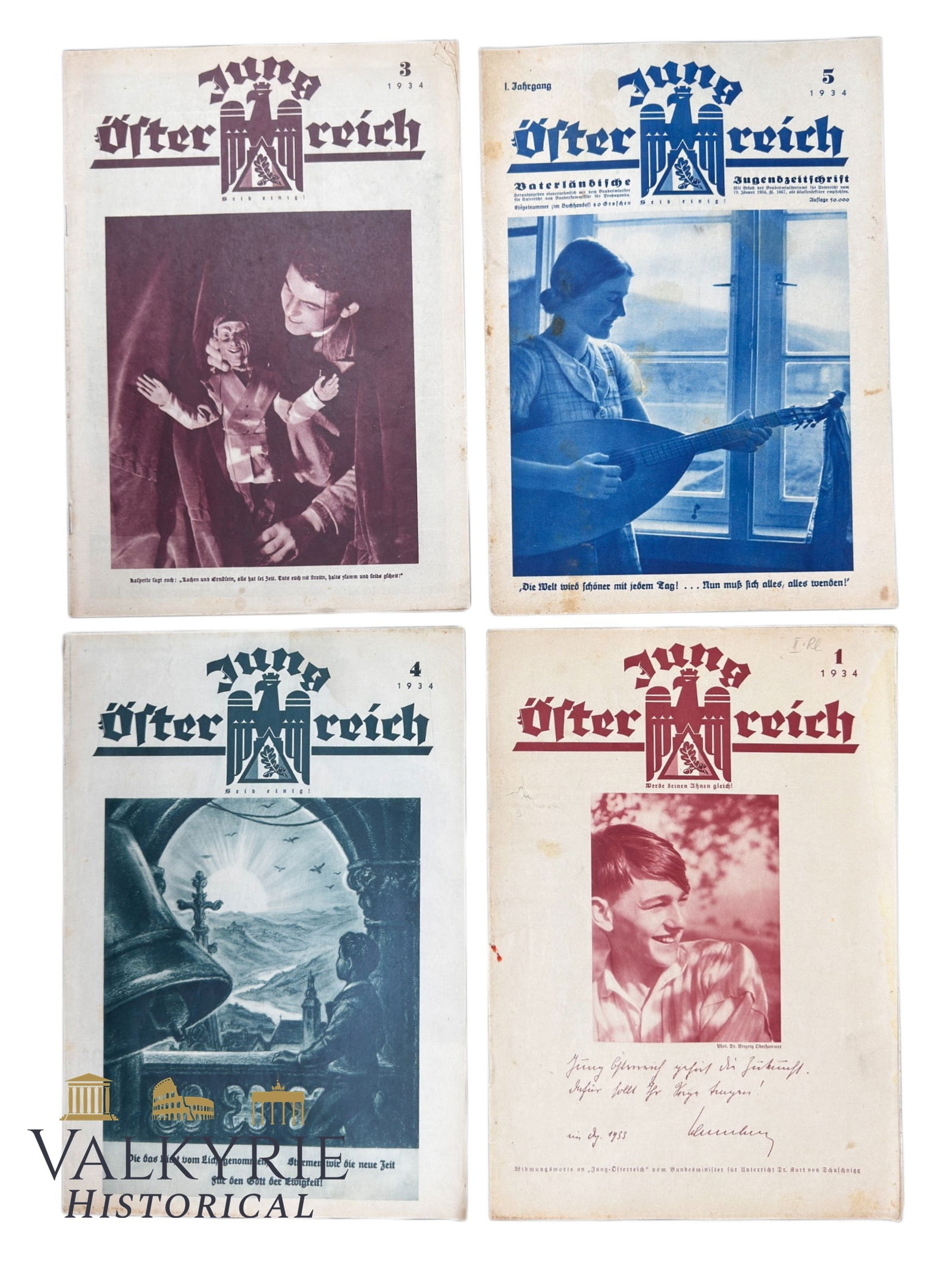 Set of 4 Numbers of the Nazi Austrian Magazine "Young Austria. Patriotic Youth Magazine" of 1934: Set of 4 Numbers of the Nazi Austrian Magazine "Young Austria. Patriotic Youth Magazine" of 1934. Numbers 1,3,4 and 5. Illustrated magazines for young boys and girls from Austria with Nationalsocialis