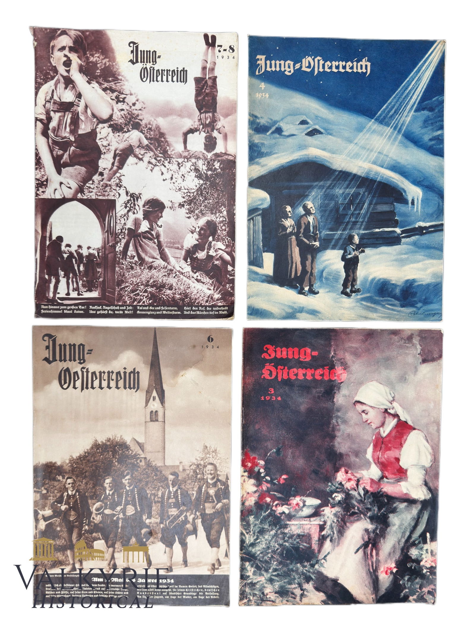 Set of 4 Numbers of the Nazi Austrian Magazine "Young Austria. Patriotic Youth Magazine" of 1934: Set of 4 Numbers of the Nazi Austrian Magazine "Young Austria. Patriotic Youth Magazine" of 1934. Numbers 3,4,6,7 and 8. Illustrated magazines for young boys and girls from Austria with Nationalsocial