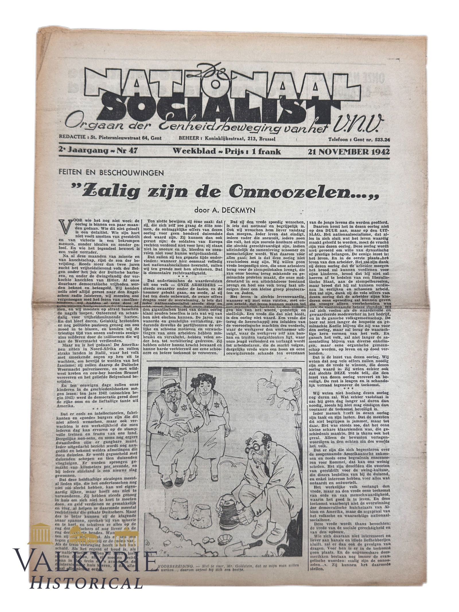 Official Organ of the V.N.V. Flemish Fascist Party "De National Socialist" - 1942 - Jewish Content: Number of the Official Organ of the Belgian V.N.V. Flemish Fascist Party Called "De National Socialist" with Jewish Content - 1942. Written in Dutch. All items for this auction will be shipping from E