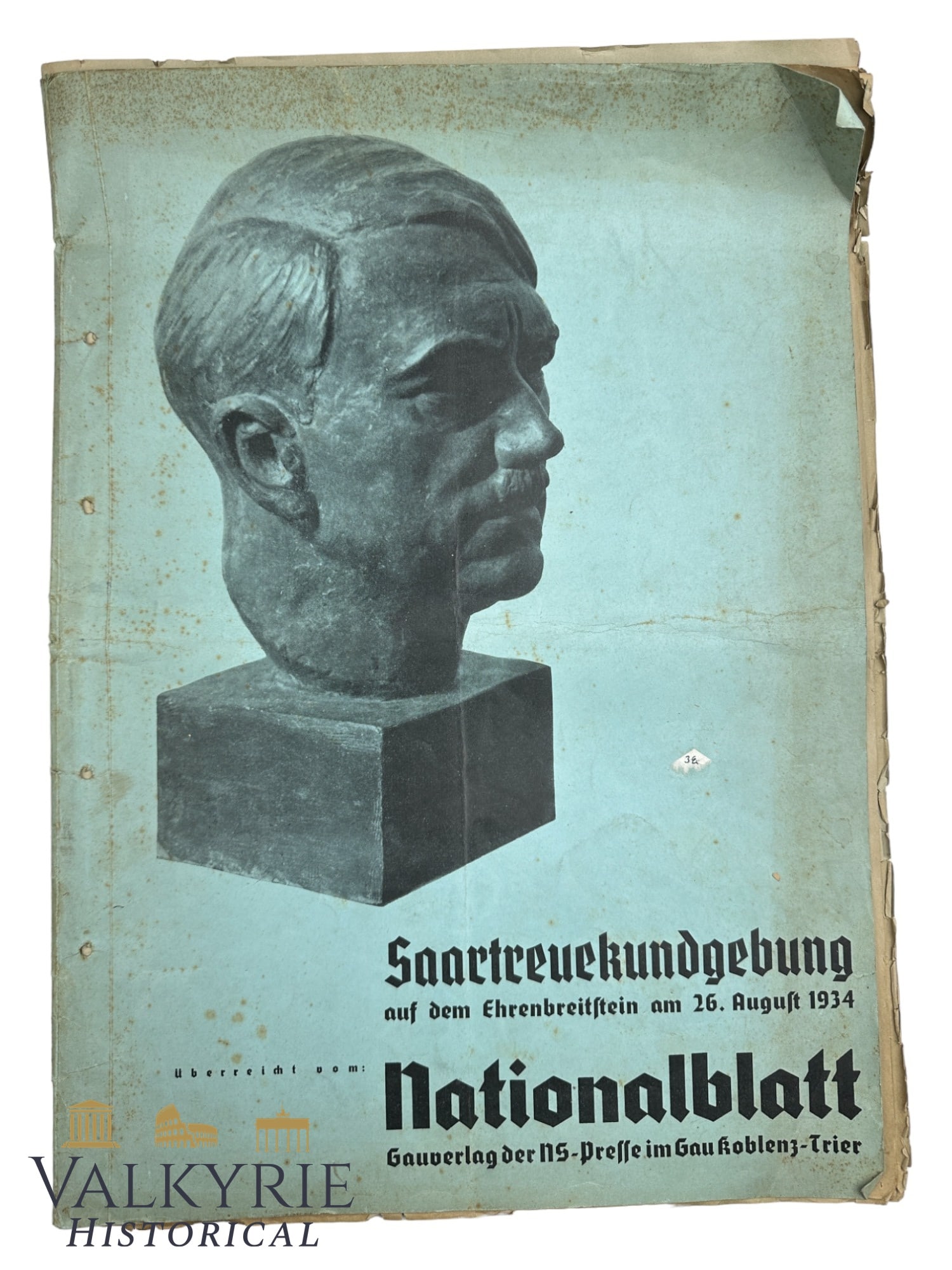Special Nazi Magazine Number of the "Nationalblatt" for the Fest of the "Saartreuekundgebung": Special Nazi Magazine Number of the "National Blatt" for the Fest of the "Saar Treue Kundgebung". Year 1934.Very big Size: 52x38cmIt will be shipped folded in half due to its size. All items for this