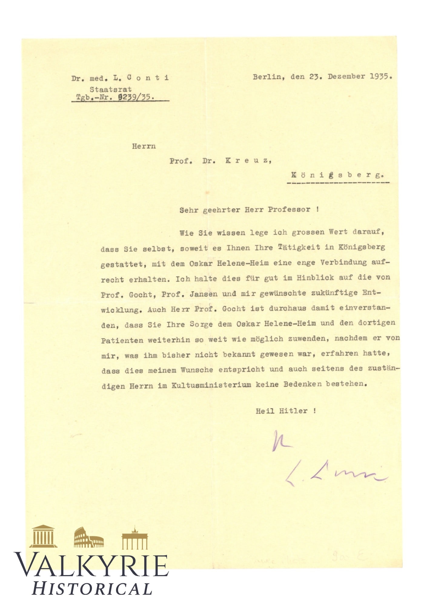 Rare Letter Sent and Signed by SS Dr. Leonardo Conti Designer of the Nazi T4 Euthanasia Programme (1 of 5)