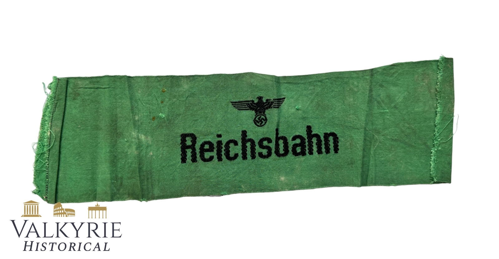 Used Condition Armband of an Auxiliary Personnel of the German Railways - III Reich Period: Used Condition Armband of an Auxiliary Personnel of the German Railways during III Reich period. Cotton with Nazi eagle and the word "Reichsbahn" embroidered in black thread. Complete. All items for t