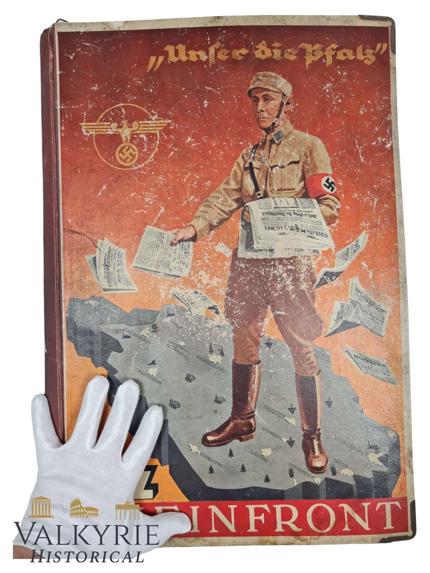 III Reich Period Advertisement Sheets With Nazi NSZ Rhein Front Newspaper Ad Cover: III Reich Period Advertisement Sheets With Nazi NSZ Rhein Front Newspaper Ad Cover. Ad pages are laminated and cover is of very thick cardboard. All the advertisements are from the Palatinate region.