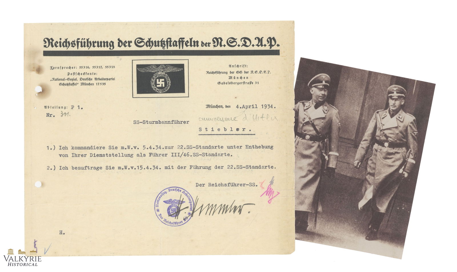 Rare Promotion Letter From the Reich Direction of the SS of the NSDAP Signed by Henrich Himmler 1934 (1 of 9)