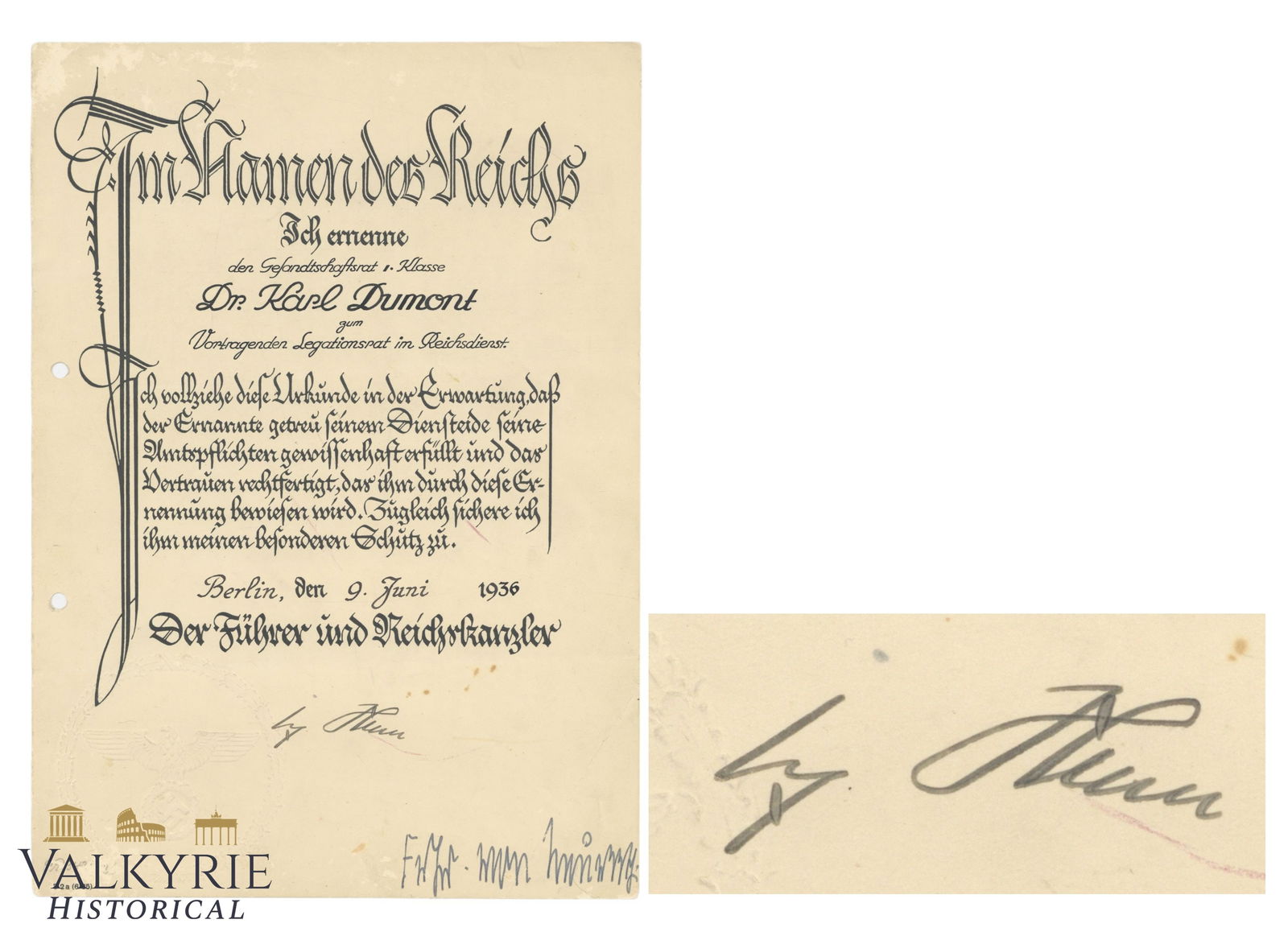 Hand Signed by Adolf Hitler Rare Promotion Document to Legation Councillor Dated in 1936 (1 of 8)