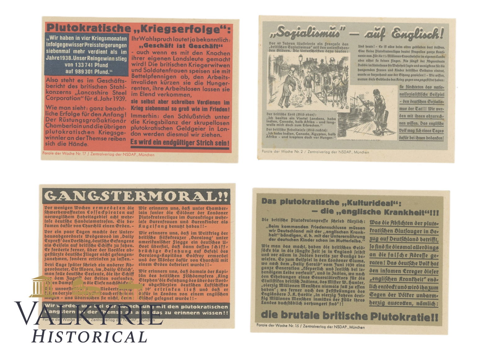4 Nazi Propaganda Postcards Printed by NDSAP Wall Newspaper "Parole der Woche" (Slogan of the Week): 4 Nazi Propaganda Postcards Printed by NDSAP Wall Newspaper "Parole der Woche" (Slogan of the Week). All of them contain slogans and texts denigrating the allied countries and praising the Nazi regime