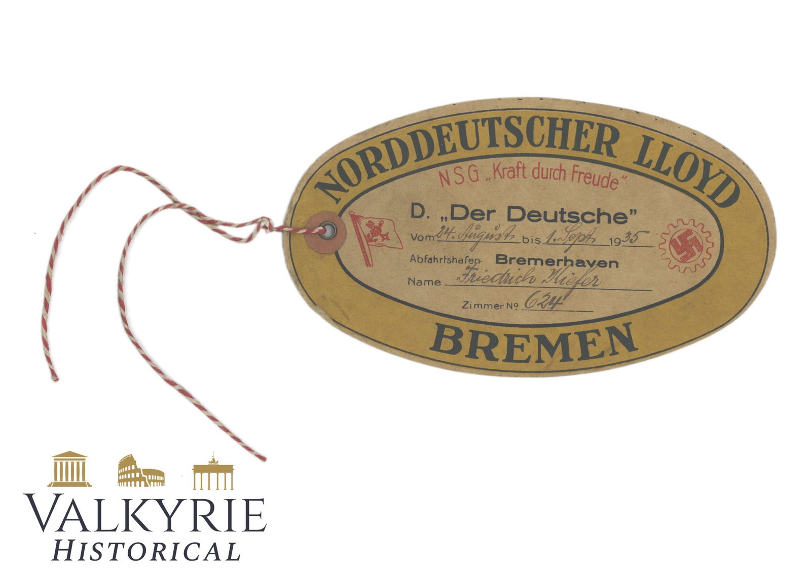Carboard Luggage Label of the Kraft Durch Freunde Workers' Program for Ship "Der Deutche" (1 of 2)