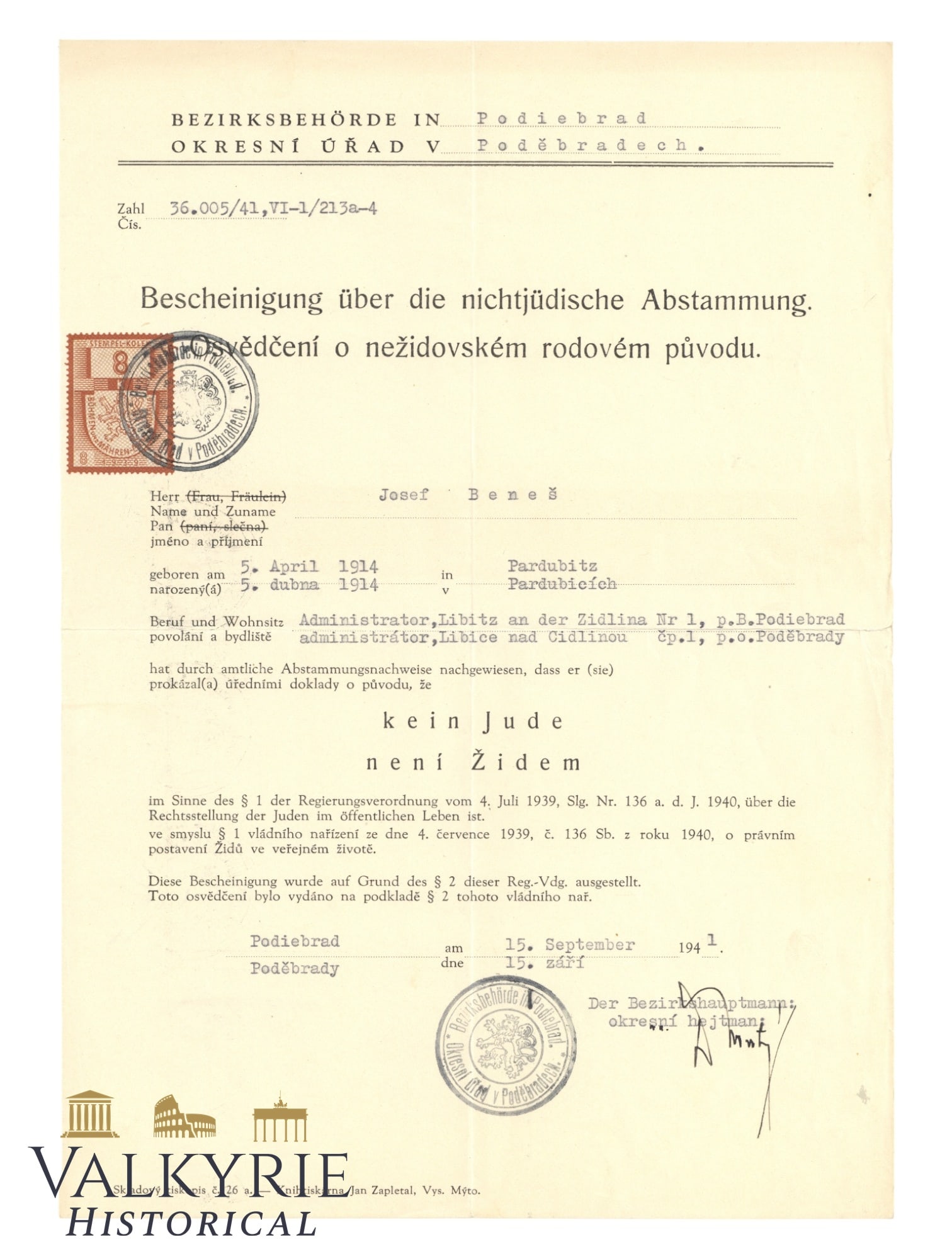 Rare Czech Certificate to Prove the Non-Jewish Descent of a Czech Citizen - 1942 (1 of 2)
