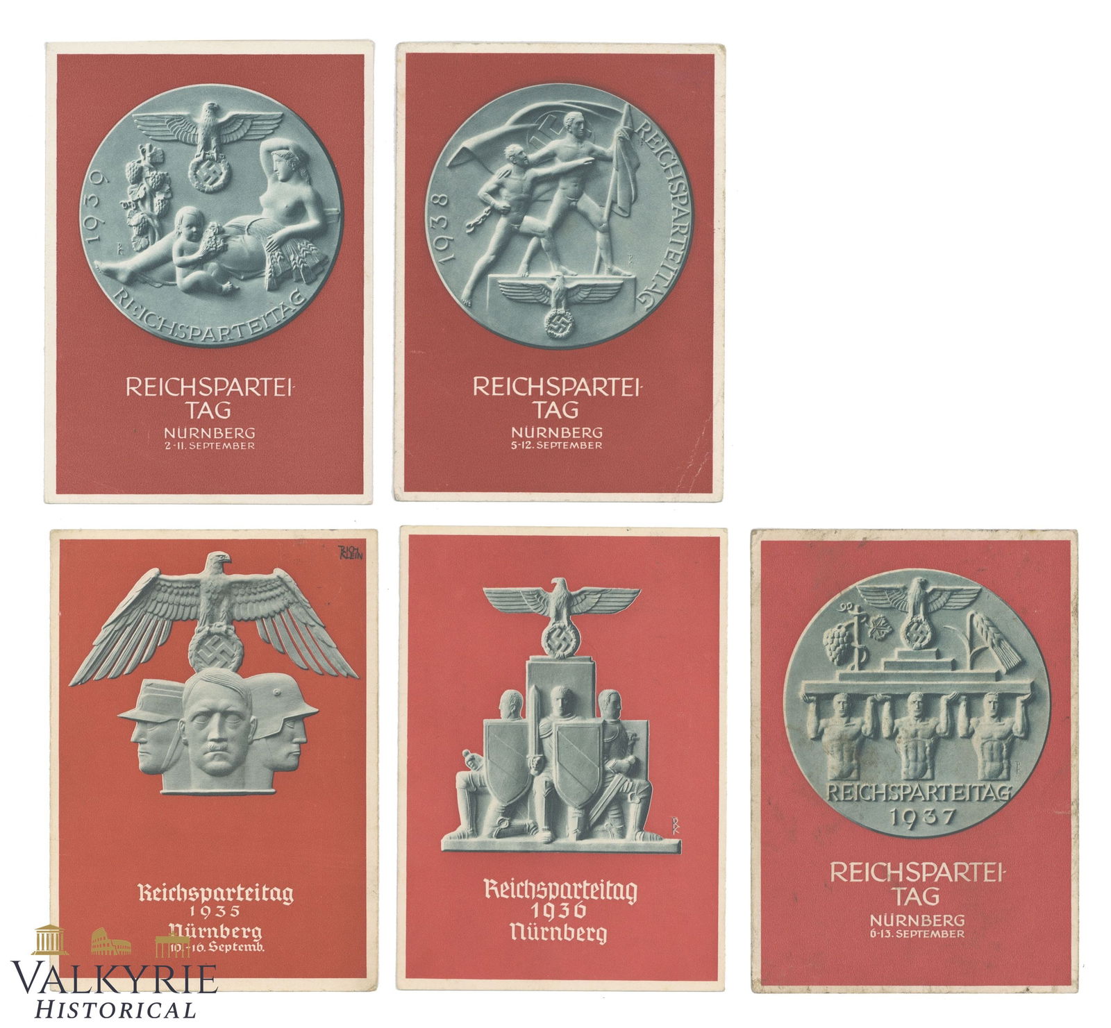 Set of 5 Commemorative Postcards of the Nazi Reichsparteitag in Nuremberg - 1930/35/36/37/38: Set of 5 Commemorative Postcards of the Nazi Reichsparteitag in Nuremberg - 1930/35/36/37/38. Non-circulated. All items for this auction will be shipping from Europe. Shipping cost $25 it doesn't matt