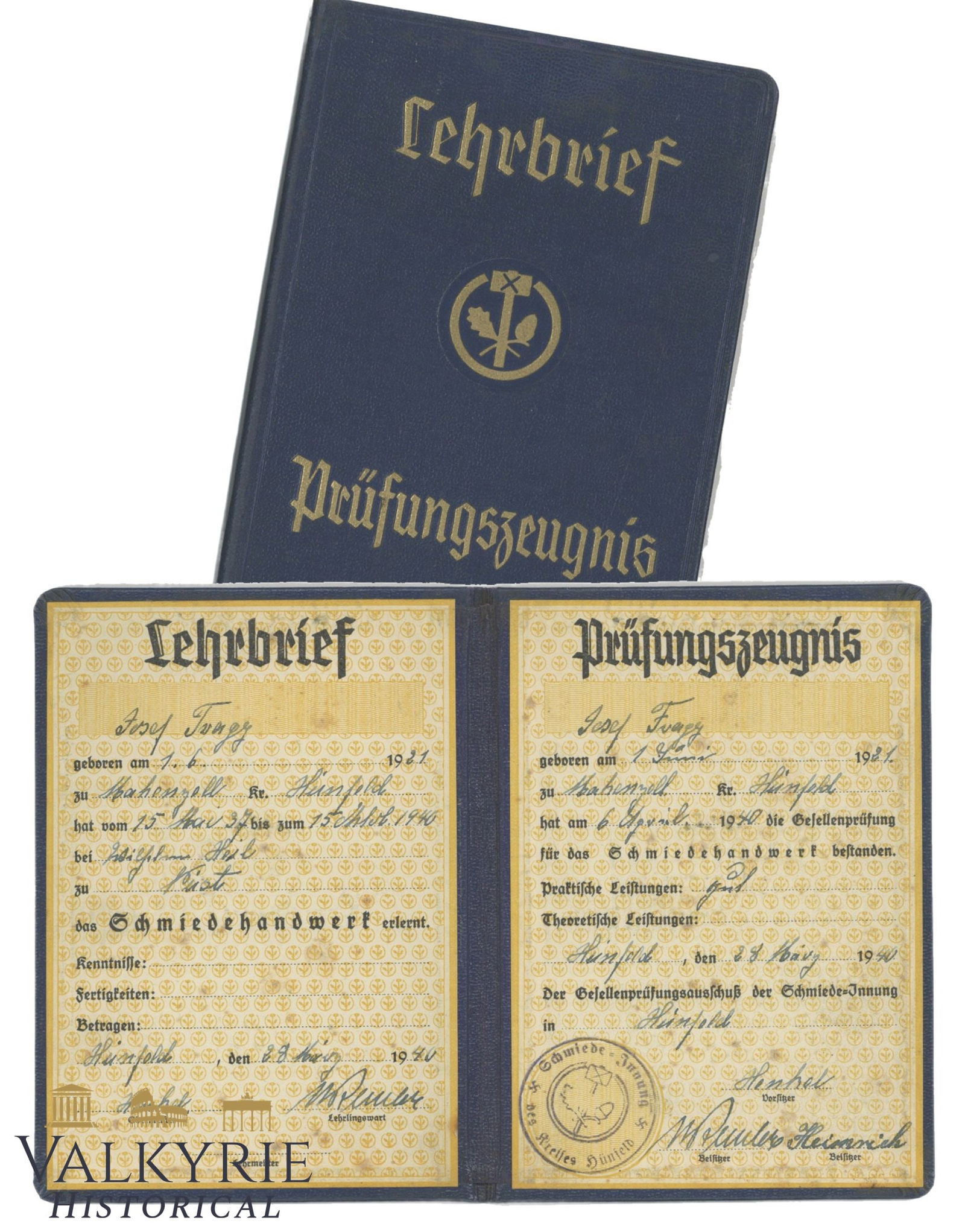 Apprenticeship And Examination Certificate Issued in 1940 to a Student of the Job of Blacksmith (1 of 5)