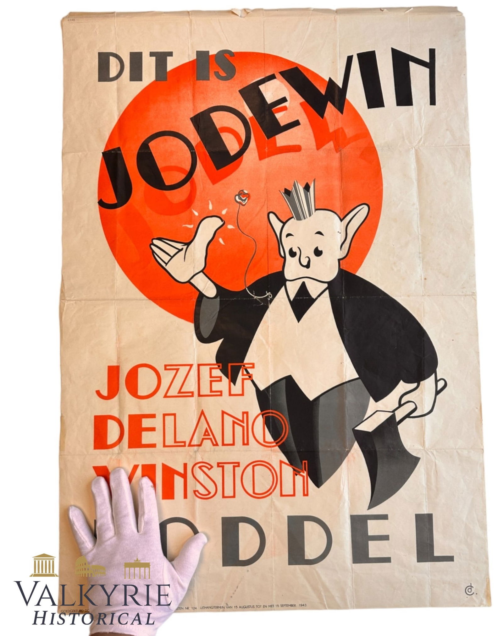 Dutch Anti-Semitic Propaganda Foldable Poster "This is Jodewin Gossip": Dutch Anti-Semitic Propaganda Foldable Poster "This is Jodewin Gossip". It makes the word play "JOsef DElano WINston", talking about 3 allied leaders.Size: 79,5x55,5cm. All items for this auction will