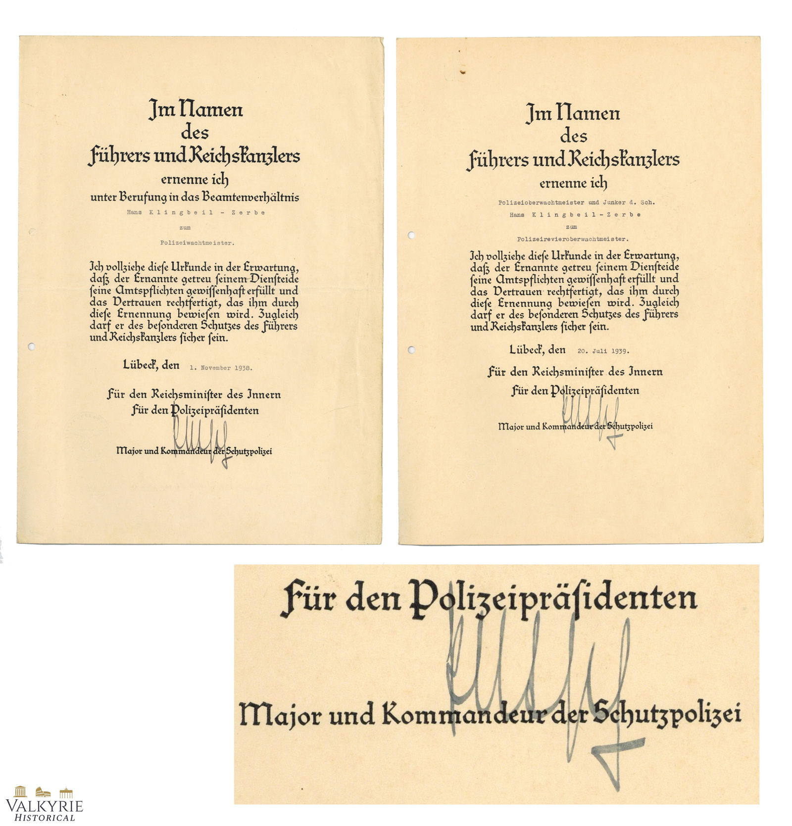 Two Promotional Documents to Police Officer was in Warsaw Ghetto Liquidation! Signed by Joachim Pets (1 of 3)