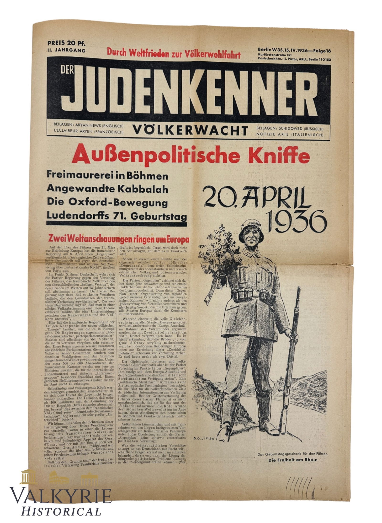 German Anti-Semitic Newspaper "Der Judenkenner" (The Jew Connoisseur) - Aryan News - Nr. 16 - 1936: German Anti-Semitic Newspaper "Der Judenkenner" (The Jew Connoisseur) - Aryan News - Nr. 16 - 1936. Headline "Foreign Political Crease". All items for this auction will be shipping from Europe. Shippi