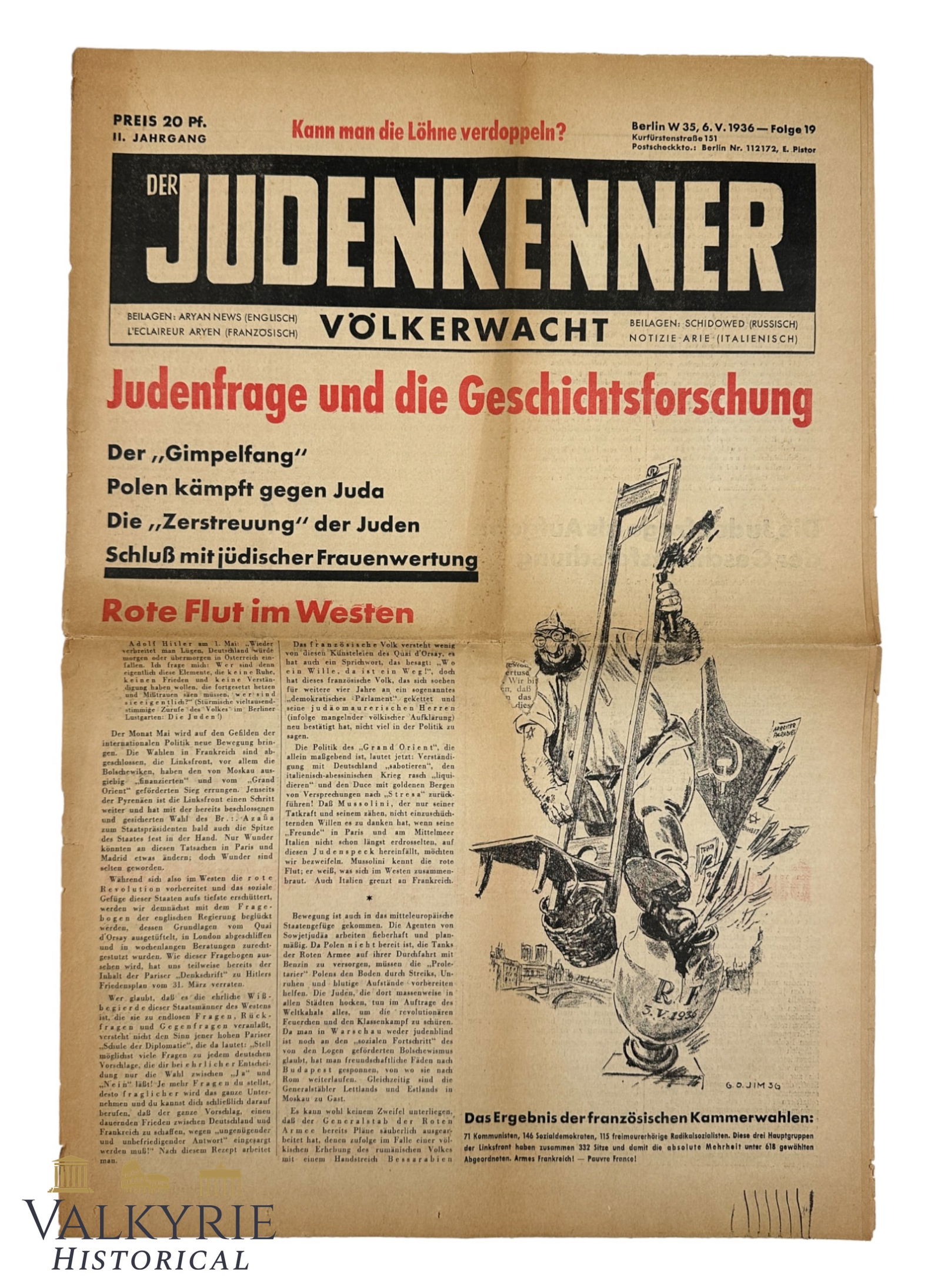 German Anti-Semitic Newspaper "Der Judenkenner" (The Jew Connoisseur) - Aryan News - Nr. 19 - 1936: German Anti-Semitic Newspaper "Der Judenkenner" (The Jew Connoisseur) - Aryan News - Nr. 19 - 1936. Headline "Jewish Question and Historical Research". . All items for this auction will be shipping fr
