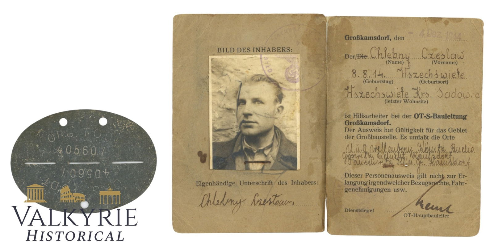 Set of a Polish Forced Labourer of the Organisation Todt - Temporary Personalausweis and Dog Tag: Set of a Polish Forced Labourer of the Organisation Todt - Temporary Personalausweis and Dog Tag. He worked as auxiliary worker for Organisation Todt Einsatzgruppe IV Kyffhauser. Temporary ID comes wi