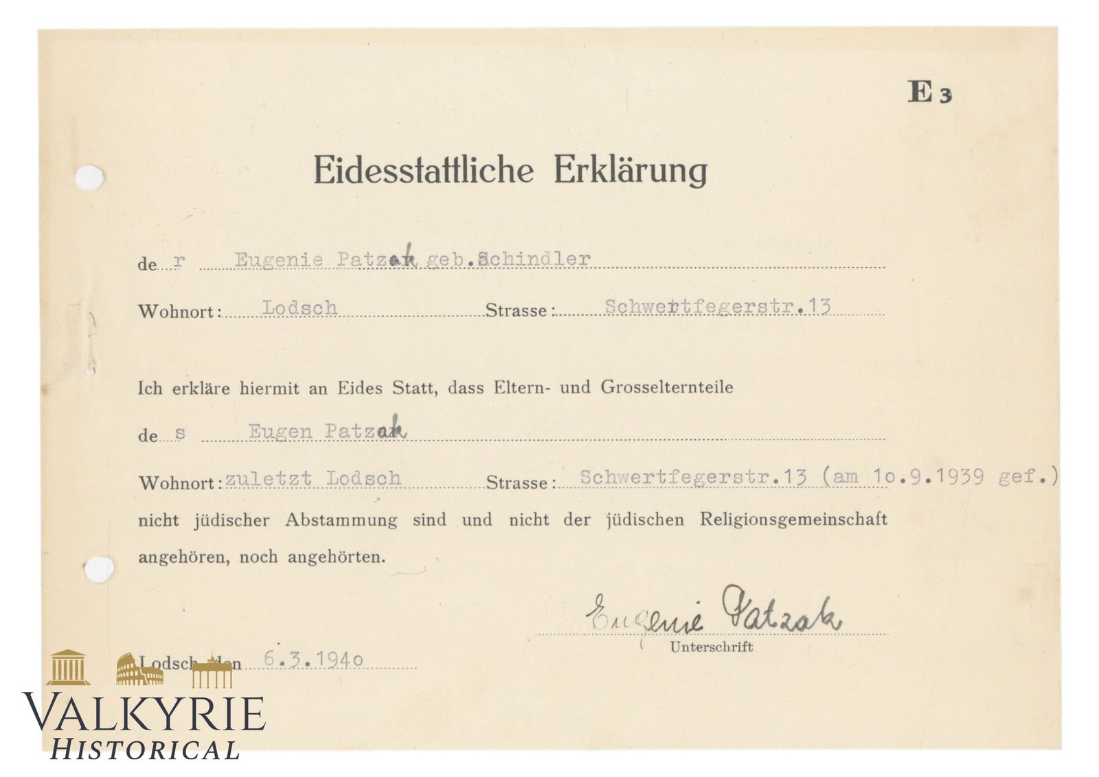 Sworn Declaration Issued to a Polish Woman From Lodsch Stating She is Not Jew 1940 (1 of 2)