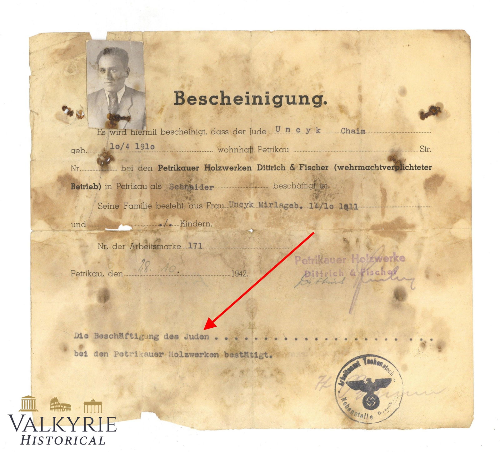 Very Rare Certificate Issued to a Polish Jew in Ghetto Petrikau ( Piotrkow ) 1942 (1 of 5)