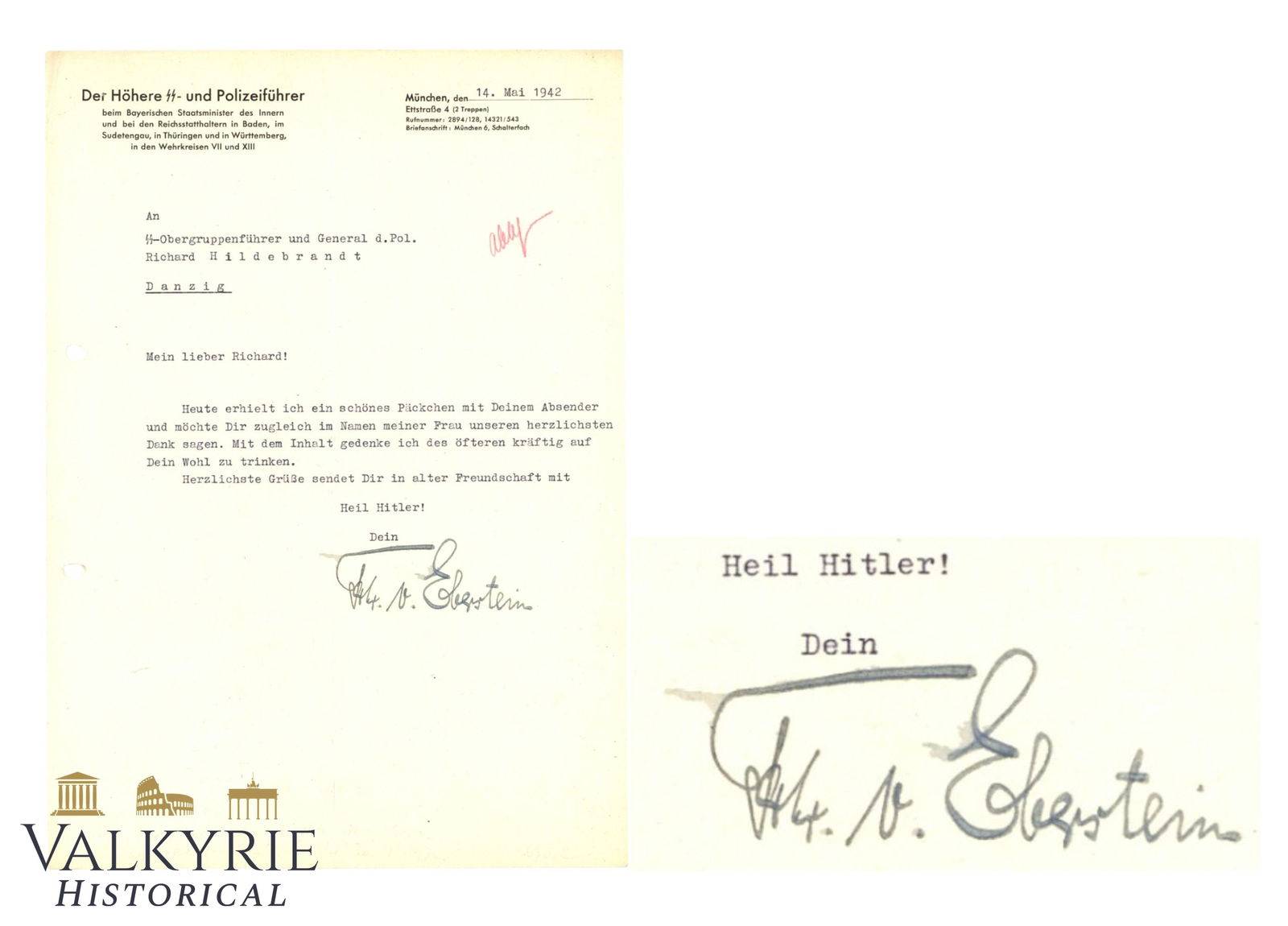 Rare Appreciation Letter Sent by von Eberstein to Race and Settlement Office Hildebrandt - 1942 RARE (1 of 5)
