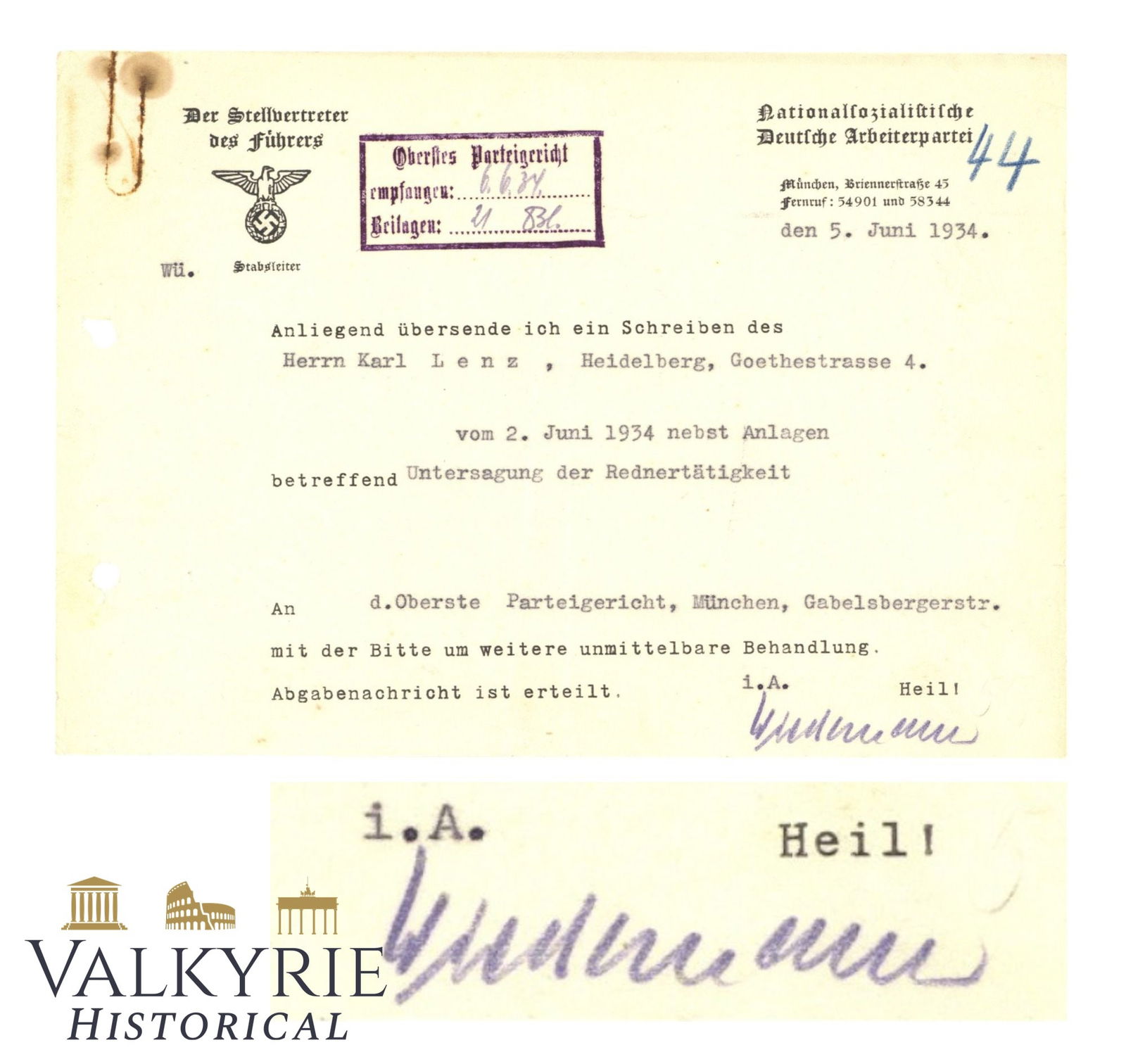 Official Letter From the Office of the Deputy of the Leader of NSDAP Sent in 1934 (1 of 3)