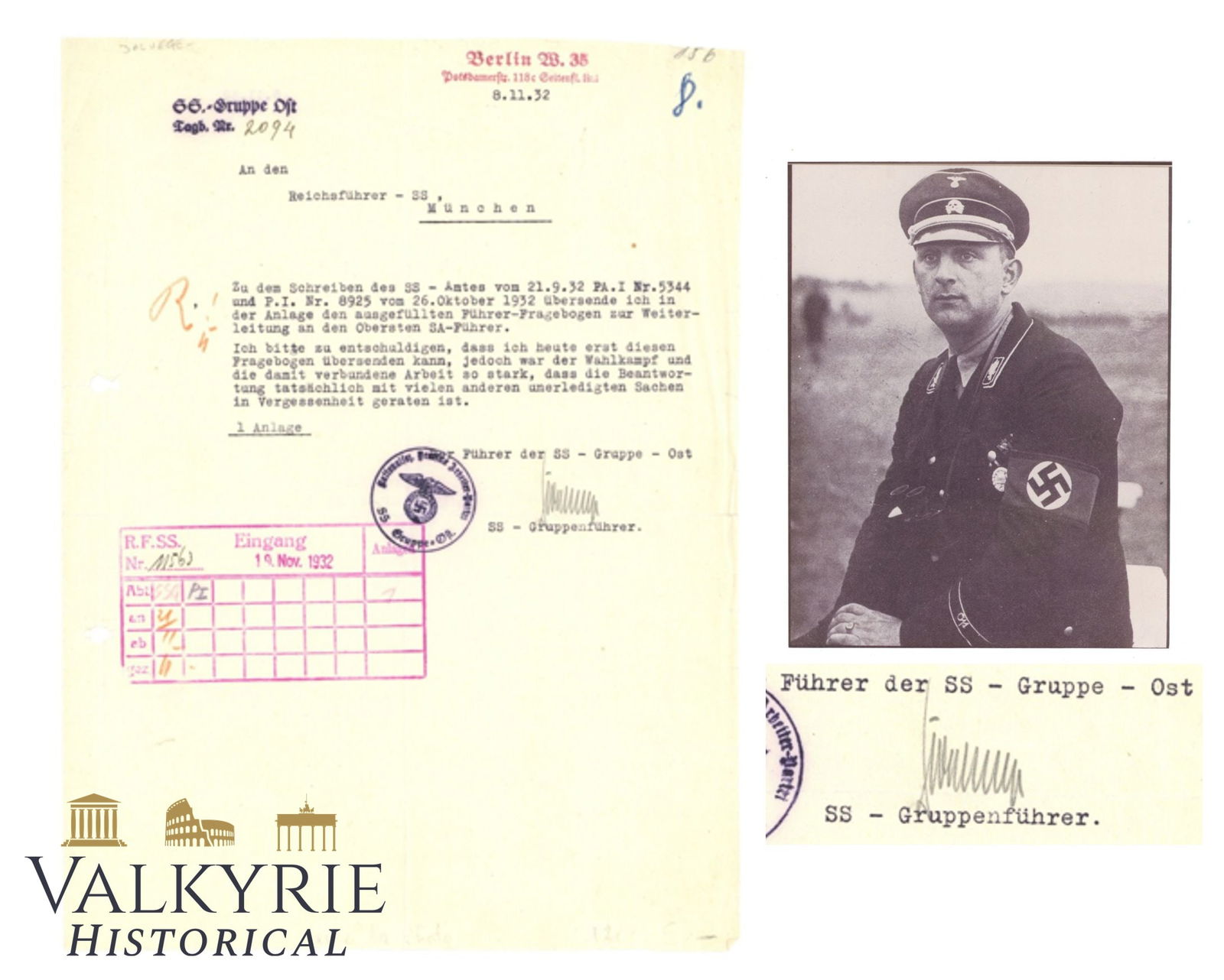 Leader of the SS Gruppe East Karl Daluege to Heinrich Himmler Regarding a Questionnaire Signature (1 of 6)