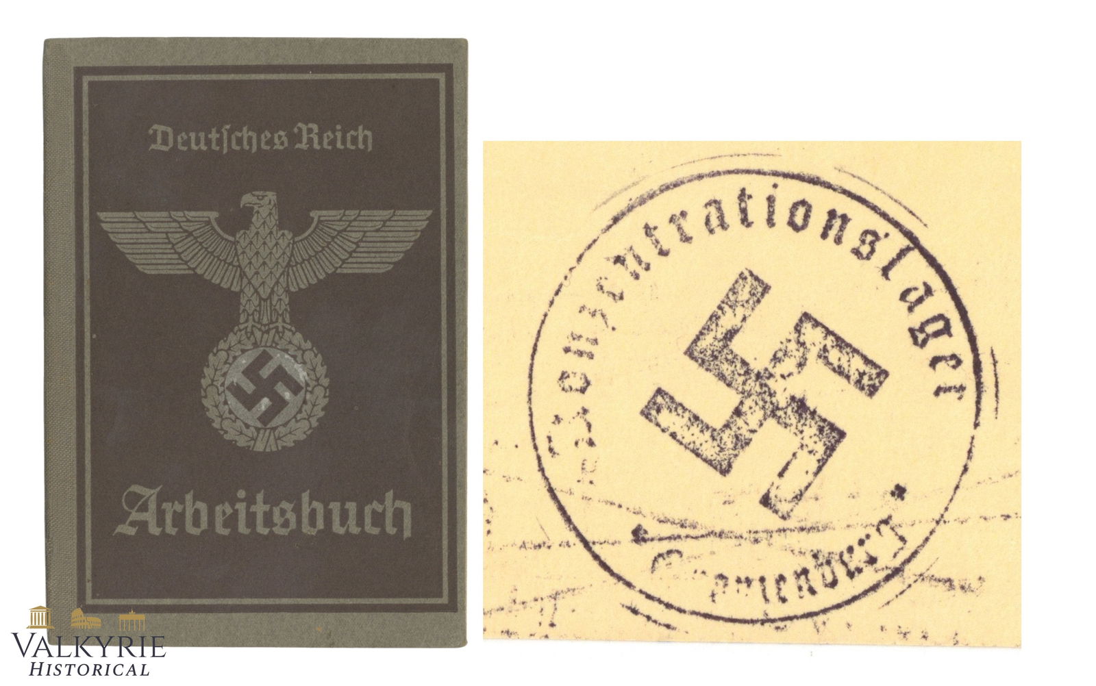 Rare Workbook Issued to a German Man With KL Oranienburg Ink Stamp Entries 1938: Rare Workbook Issued to a German Man With KL Oranienburg Ink Stamp Entries. Some entries are of different companies within the III Reich but in 1944 there are entries of the concentration camp. Also s