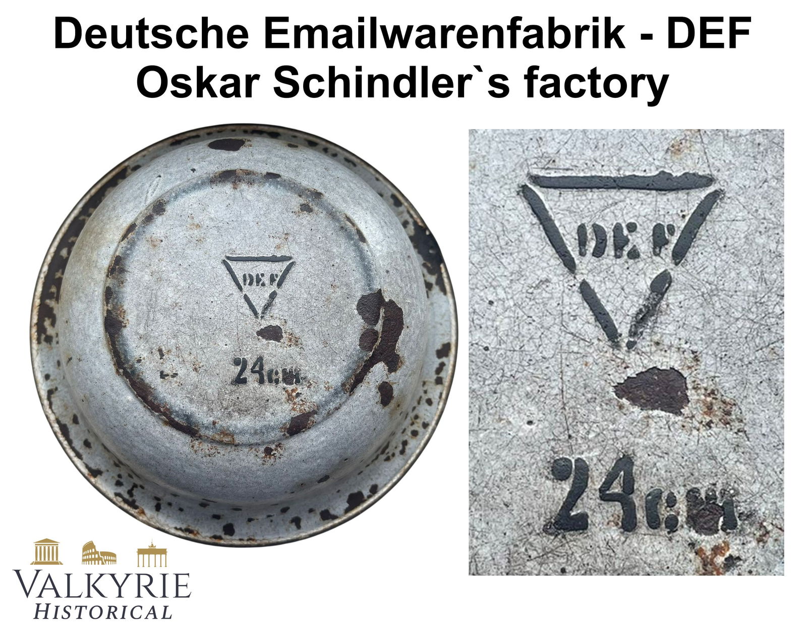 Enamelled Casserole Manufactured by Oskar Schindler's Factory "Deutsche Emailwarenfabrik": Enameled bowl manufactured at Oskar Schindler’s factory, the “Deutsche Emailwarenfabrik” (DEF) in Krakow. The bottom bears the “DEF” maker’s mark. The piece is in very good conditi