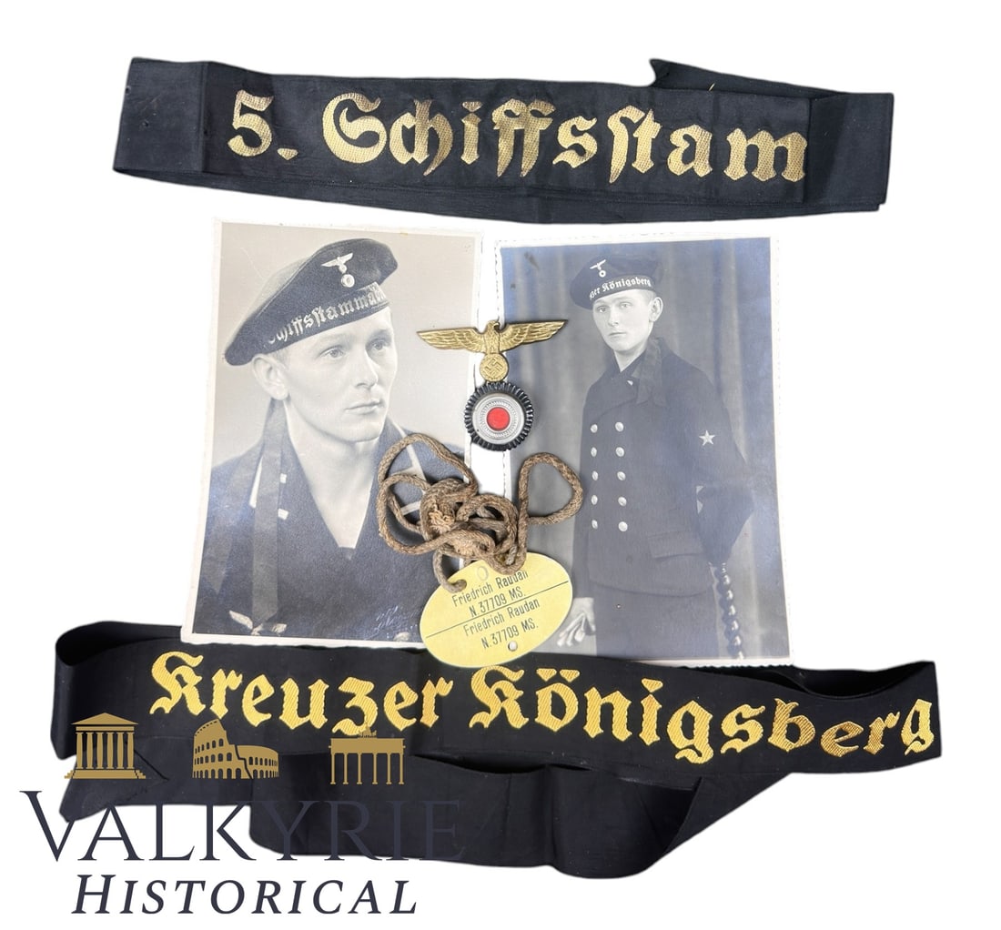 German Set Of Kriegsmarine Sashes/Pennants From The Caps Shown In The Photo: German set of Kriegsmarine sashes/pennants from the caps shown in the photos. Exactly the same ships. This is how the set was found together, in a visible set. All items for this auction will be shipp