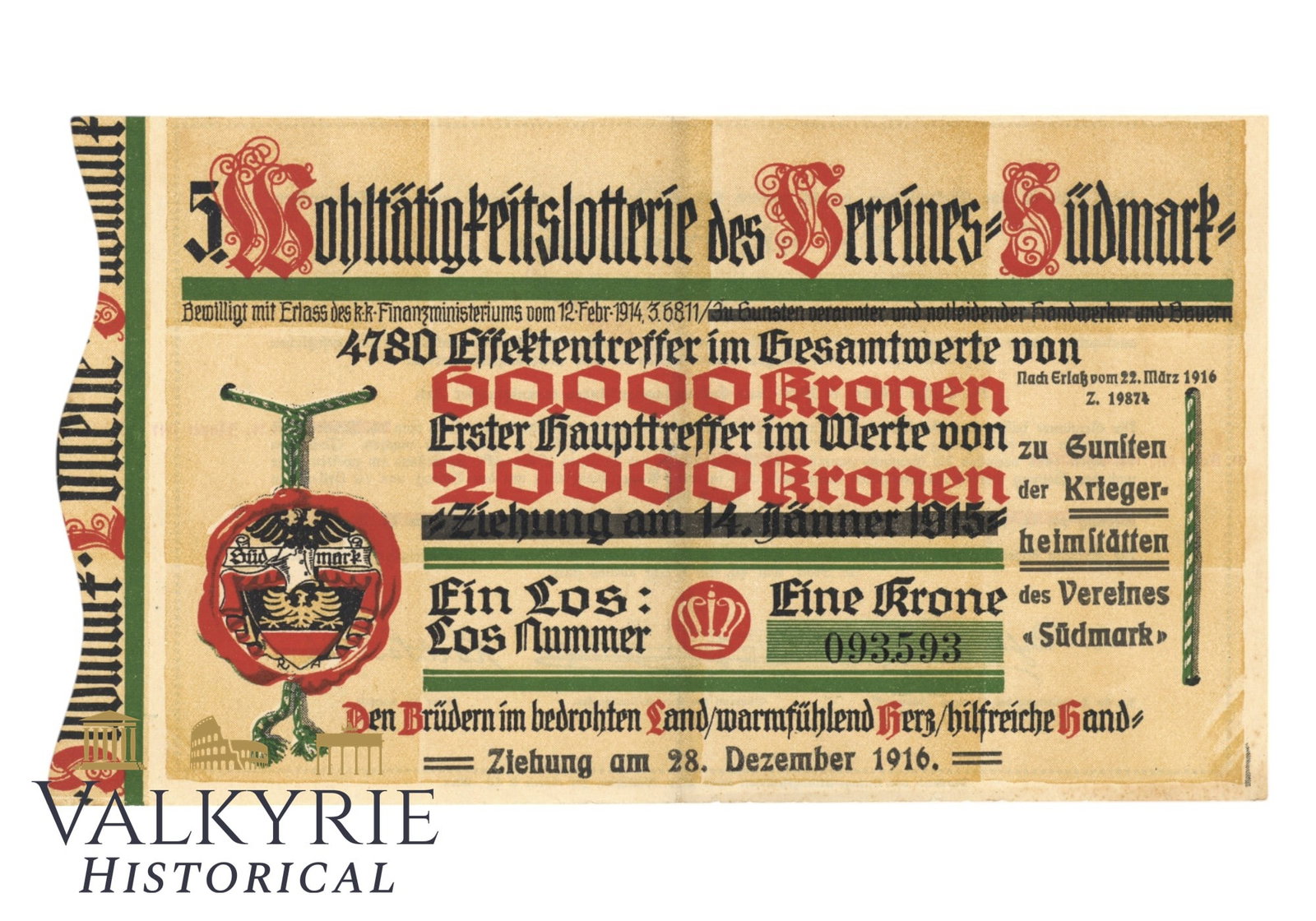 German Lotto Ticket From Sudetenland Issued in 1915 To Raise Funds for War Harmed People: German Lotto Ticket From Sudetenland Issued in 1915 To Raise Funds for War Harmed People.Size: 22x12cmAll items for this auction will be shipping from Europe. Shipping cost $25 it doesn't matter how m
