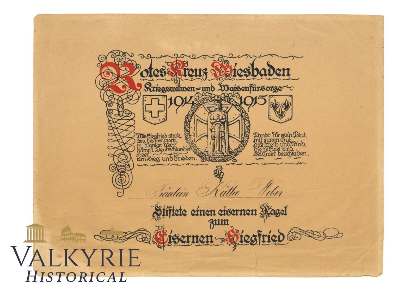 Collaboration Donation Certificate For War Nailing or Kriegsnagelung by Red Cross in Wiesbaden - WW1: Collaboration Donation Certificate For War Nailing - Kriegsnagelung by Red Cross in Wiesbaden - WW1. Nail Men or Men of Nails (German: Nagelmänner) were a form of propaganda and fundraising for membe