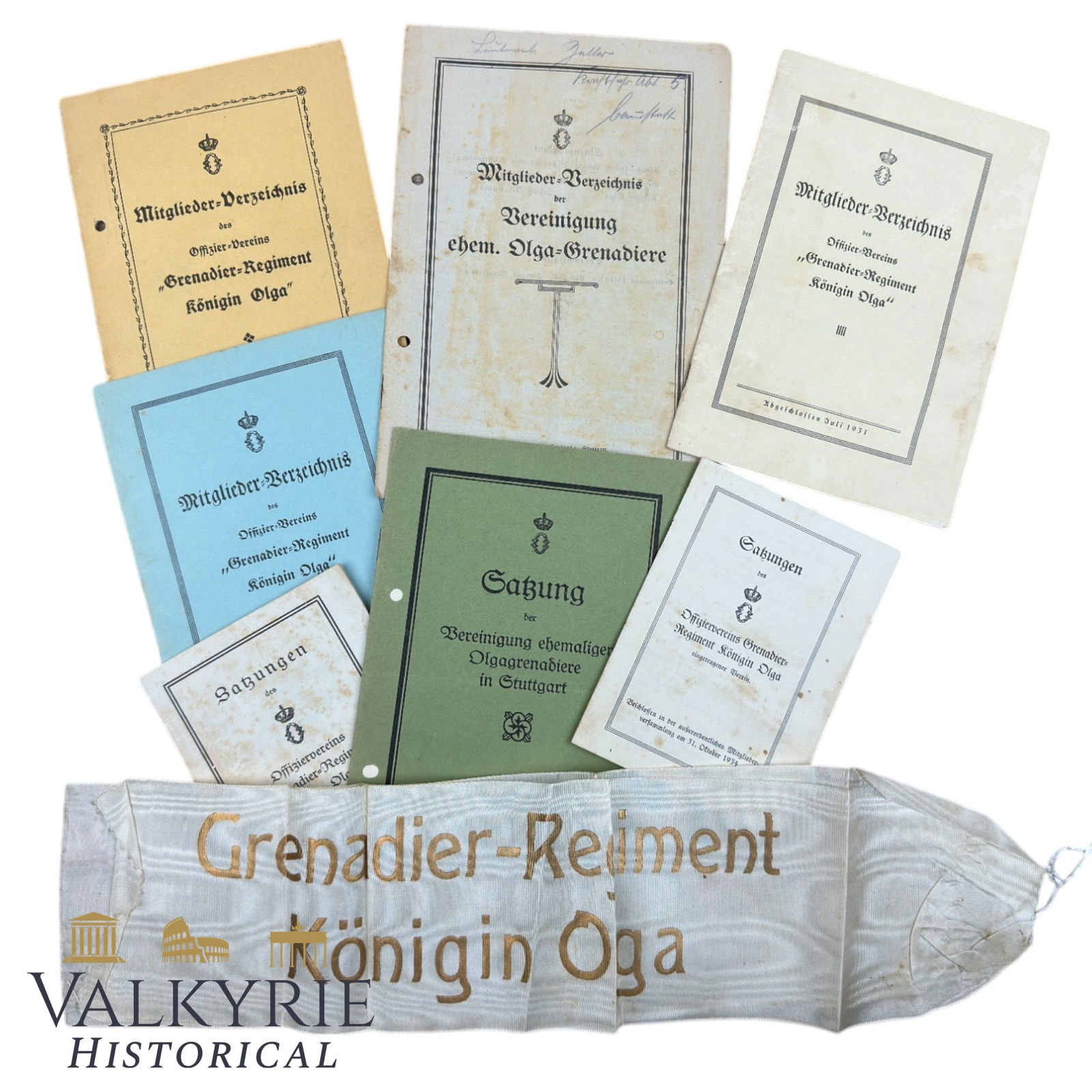 German Grenadier Regiment Queen Olga From Stuttgart Set of Booklets and Printed Silk Band: Set of Booklets and Printed Silk Band of the German Grenadier Regiment Queen Olga From Stuttgart. Booklets talk about statues, directory of members of the association of former Olga Grenadiers, etc. 7