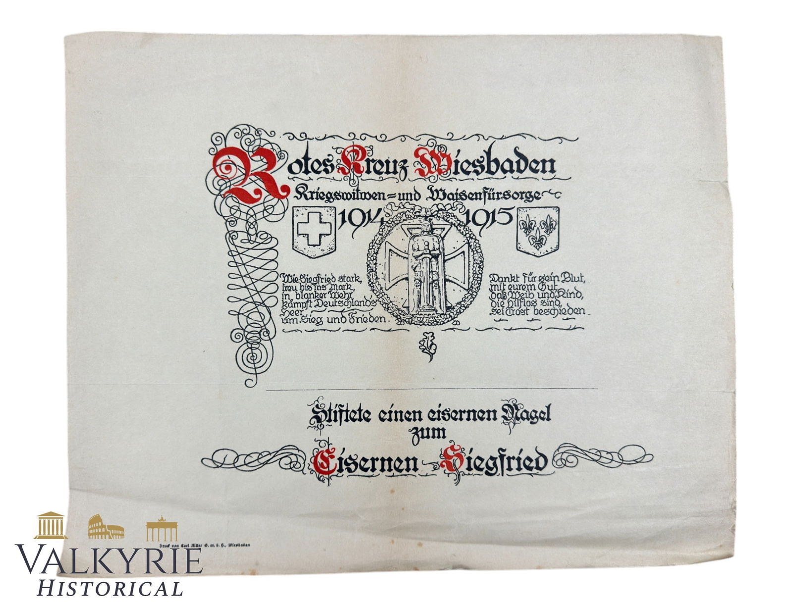 Collaboration Donation Certificate For Nail Men or Kriegsnagelung by Red Cross in Wiesbaden - WW1: Collaboration Donation Certificate For Nail Men or Kriegsnagelung by Red Cross in Wiesbaden - WW1. Nail Men or Men of Nails (German: Nagelmänner) were a form of propaganda and fundraising for members