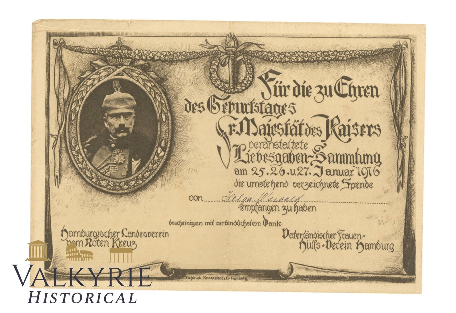Recognition Money Donation Diploma of the German Red Cross in the Kaiser's Birthday in 1916 (1 of 2)