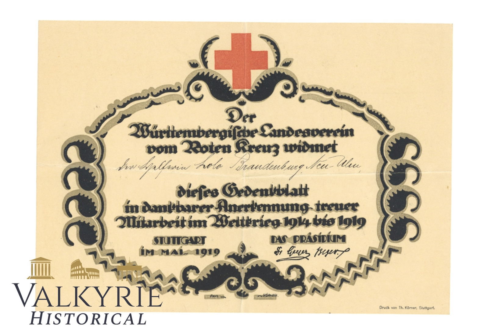 German WW1 Red Cross Donation Recognition Diploma of the City of Wuerttemberg 1914-1919 (1 of 2)