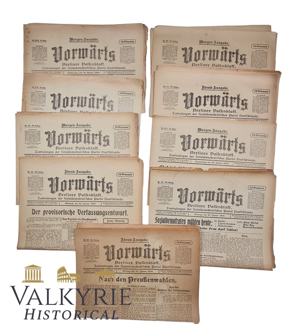 9 Different Old German Newspapers - Vorwaerts Berliner Volksblatt - All From 1919: 9 Different Old German Newspapers - Vorwarts Berliner Volksblatt (German Democrats' Newspaper) - All From 1919. All items for this auction will be shipping from Europe. Shipping cost $25 it doesn't ma