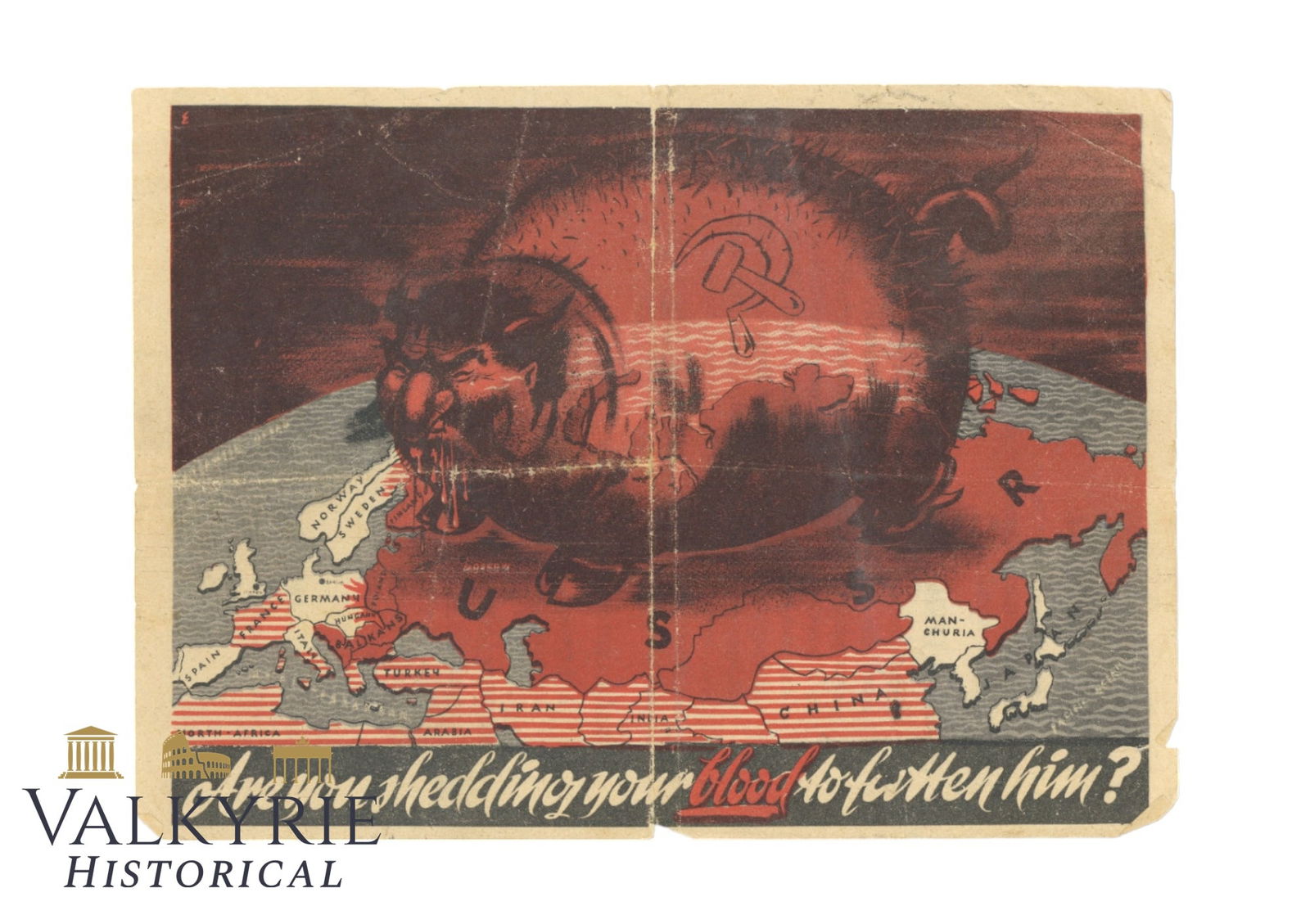 German Anti-communist War Propaganda Leaflet Aimed at Allied Soldiers: German Anti-communist War Propaganda Leaflet Aimed at Allied Soldiers. With a cartoon that represents Stalin as a big pig over Europe and also some quotes of important politicians about the threaten t