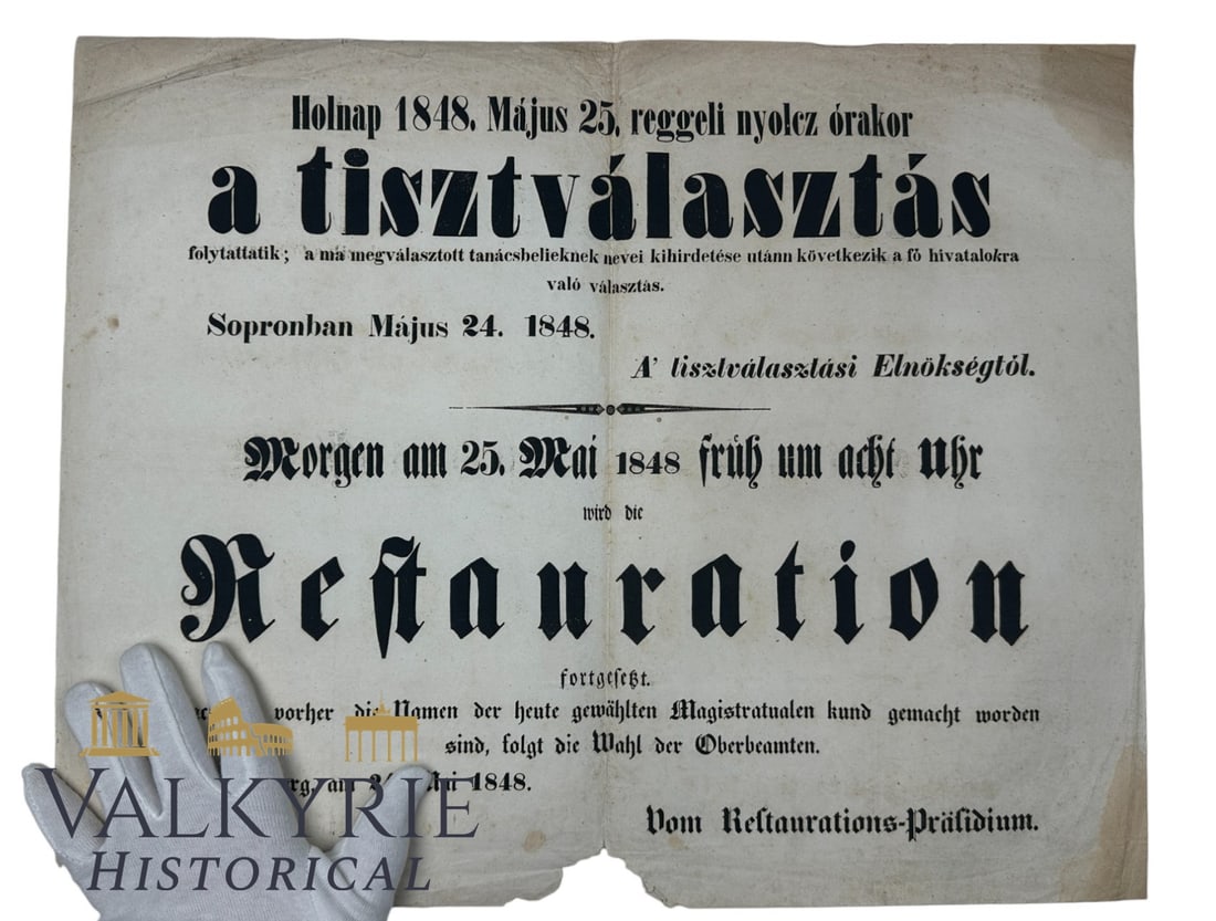 Austrian Informative Poster From 1848 "Tomorrow The Restauration Will Be Continued" (1 of 8)