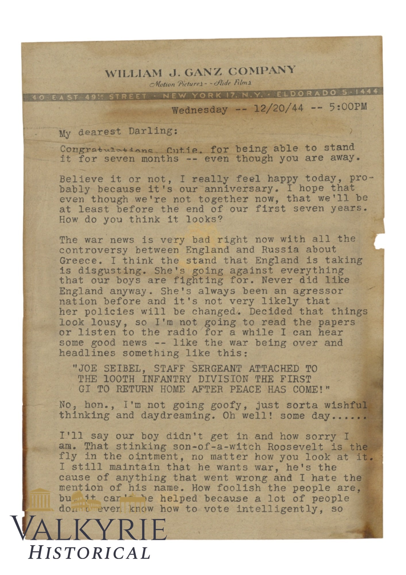 Nazi WW2 Anti-American Propaganda Leaflet - Letter Sent by Wife to American Soldier (1 of 2)
