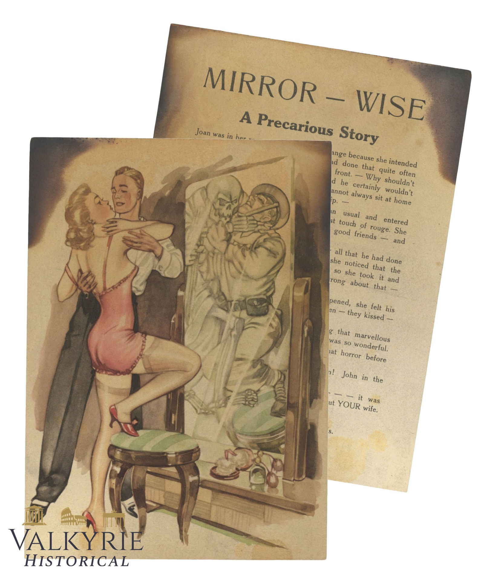 Nazi WW2 Anti-American Propaganda Leaflet - Mirror - Wise A Precarious Story: Nazi WW2 Anti-American Propaganda Leaflet entitled "Mirror - Wise. A precarious story". A factious story about a soldier that goes to the front to face death while his wife, alone and waiting his come