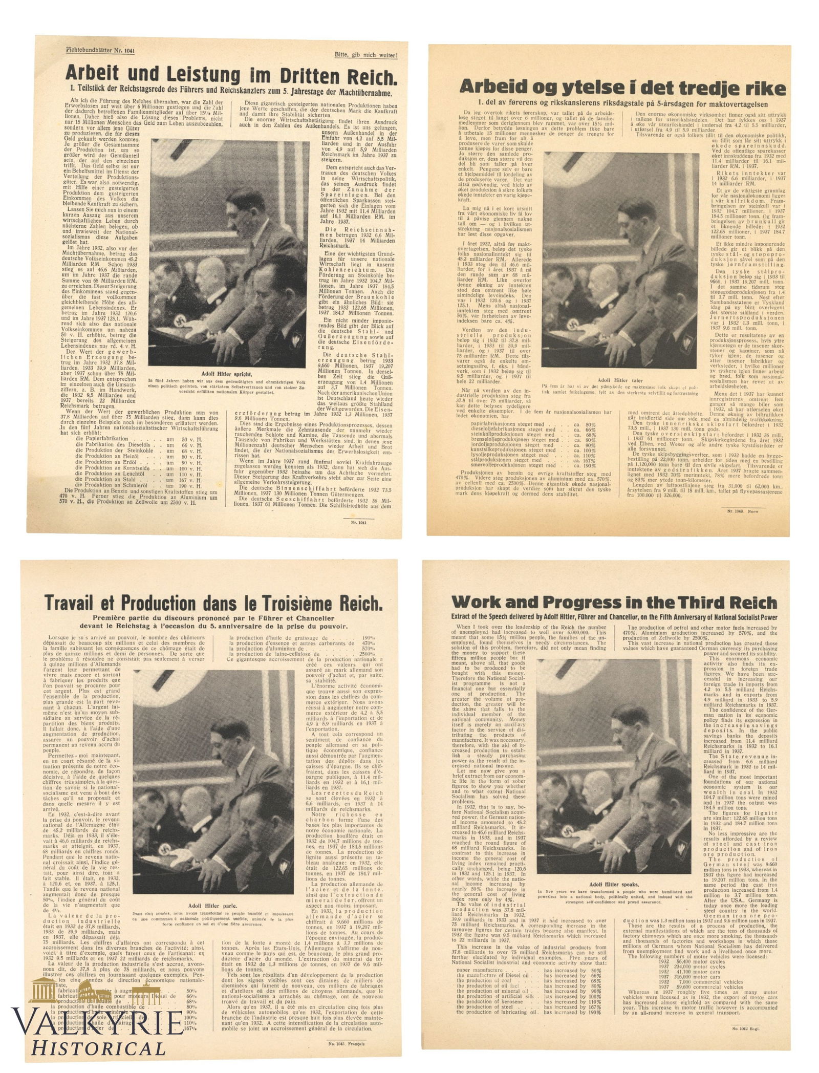 4 Propaganda Leaflets in 4 Languages by German Fichte Federation "Work & Progress in the III Reich": 4 Propaganda Leaflets in 4 Languages by Deutscher Fichte-Bund (German Fichte Federation) entitled "Work & Progress in the III Reich". This Fichte-Bund was part of the Nazi propaganda apparatus and was