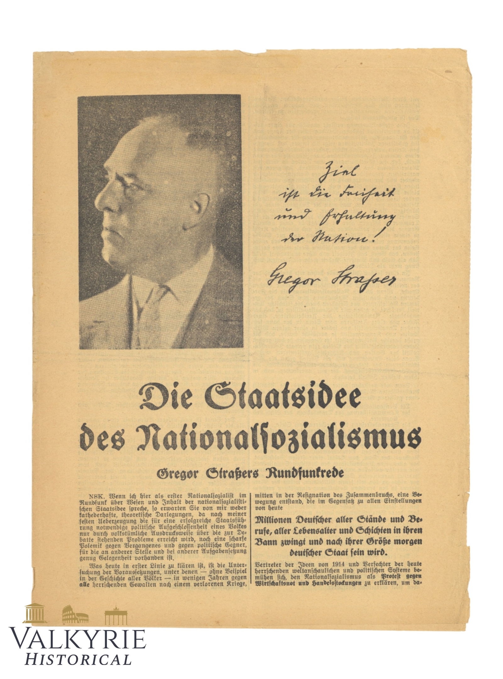 Pro Hitler Electoral Propaganda Leaflet With Gregor Strasser Radio Speech "The State Idea of the NS" (1 of 4)