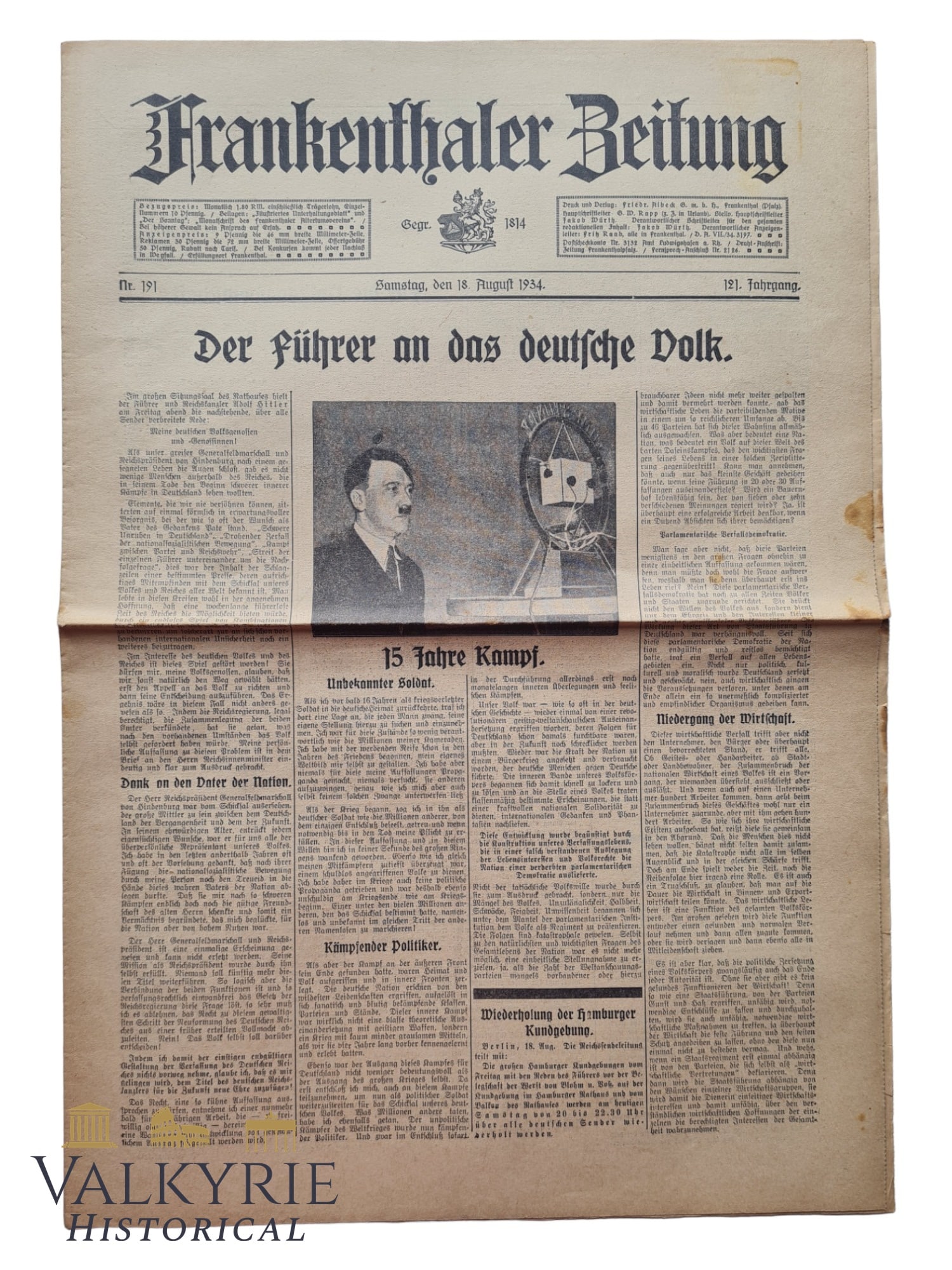 Number 191 of August 1934 of the newspaper "Frankenthaler Zeitung" "Fuhrer to German People" (1 of 4)
