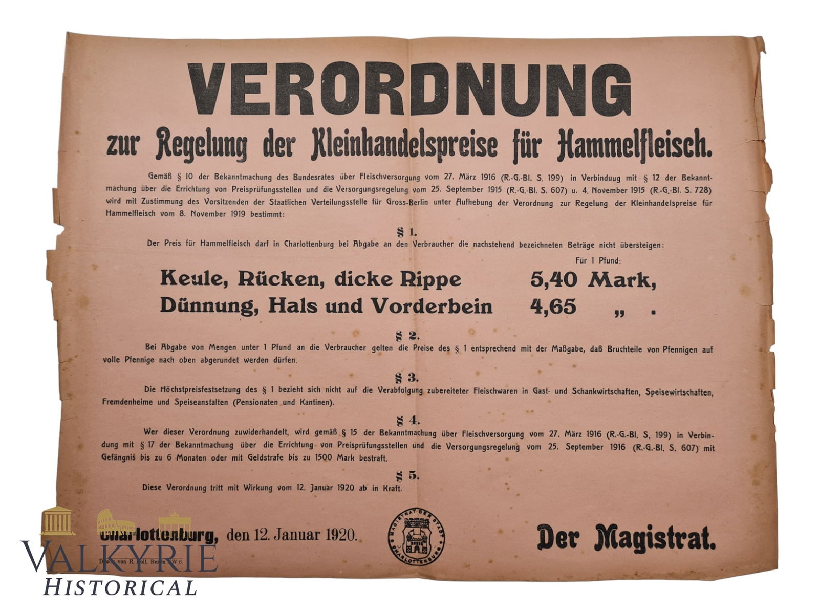 German Decree Poster From 1920 in the City of Charlottenburg - "Retail Price for Mutton" (1 of 4)