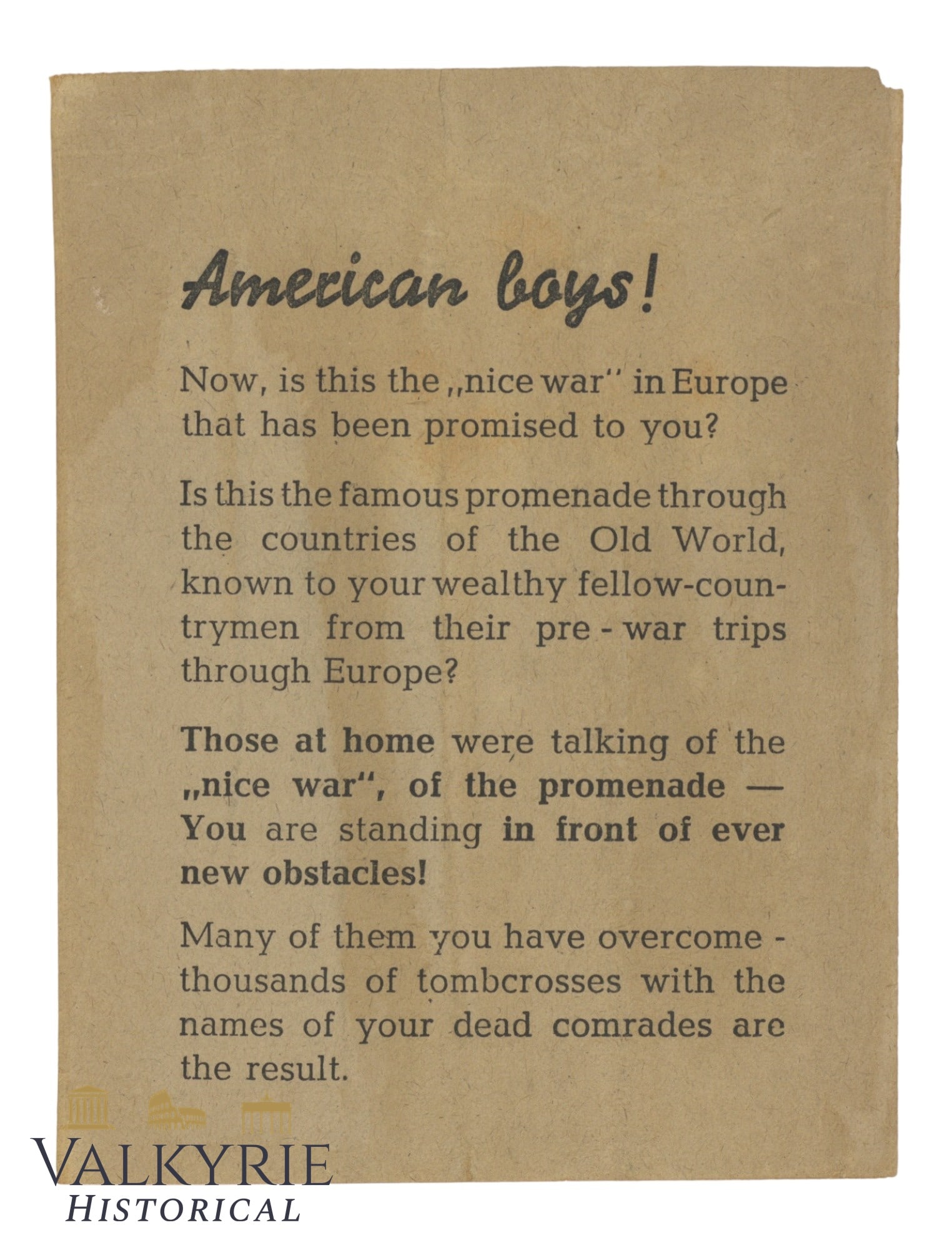 Nazi Anti-Allied War Propaganda Leaflet "American Boys! We Are Ready to do Our Outmost!" (1 of 2)