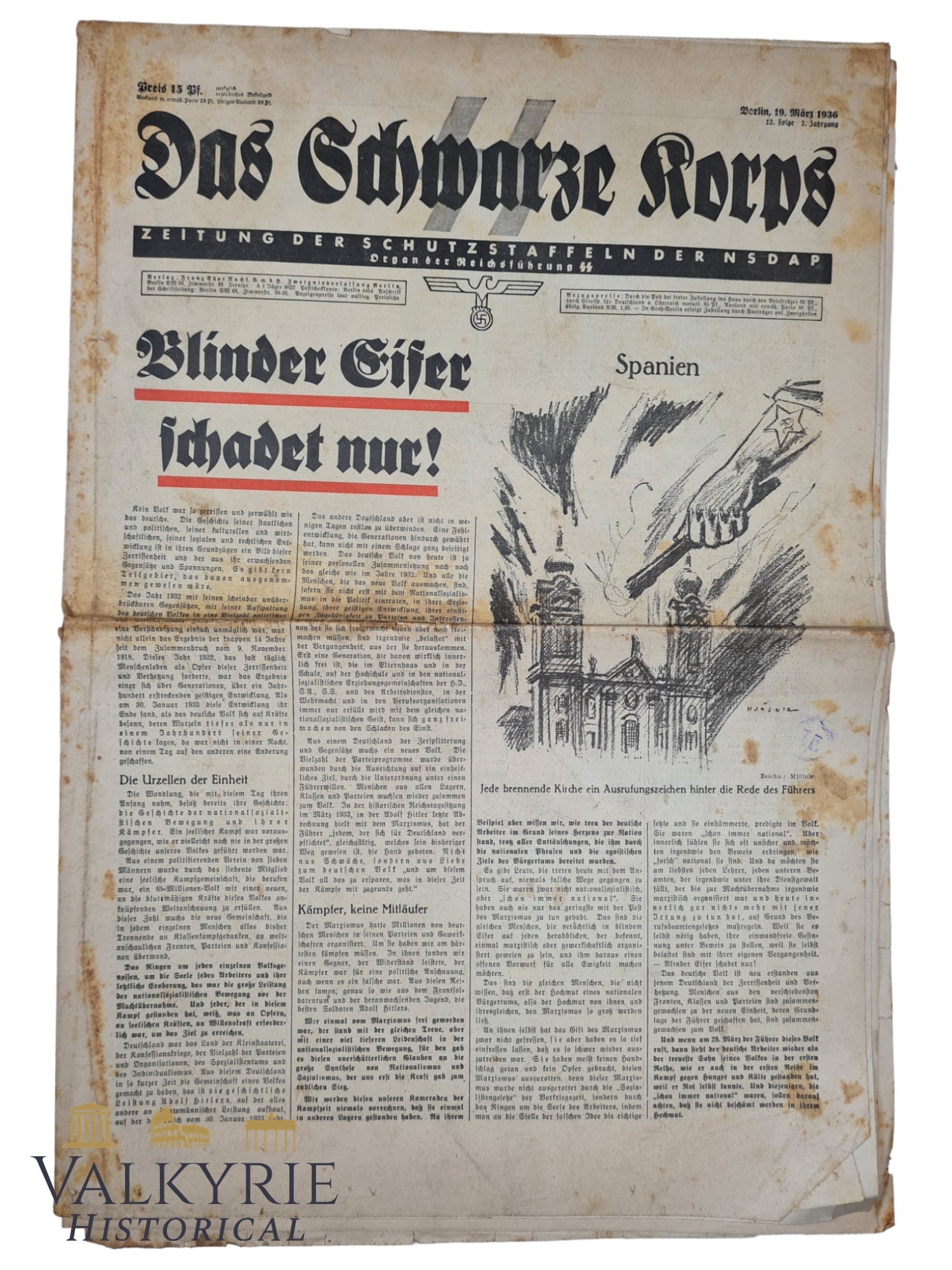 Official SS Newspaper "Das Schwarze Korps" - Number of 19 March 1936 (1 of 7)
