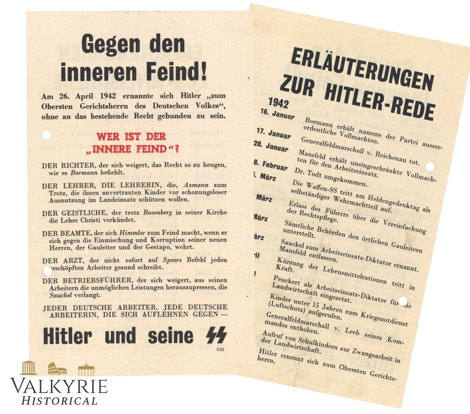 Anti-Nazi War Propaganda Leaflet "Against the Inner Enemy!": Anti-Nazi War Propaganda Leaflet "Against the Inner Enemy!". It says for Hitler the inner enemy are the children, the teachers, the doctors, clers, etc. But the real enemy of the Reich are Hitler and