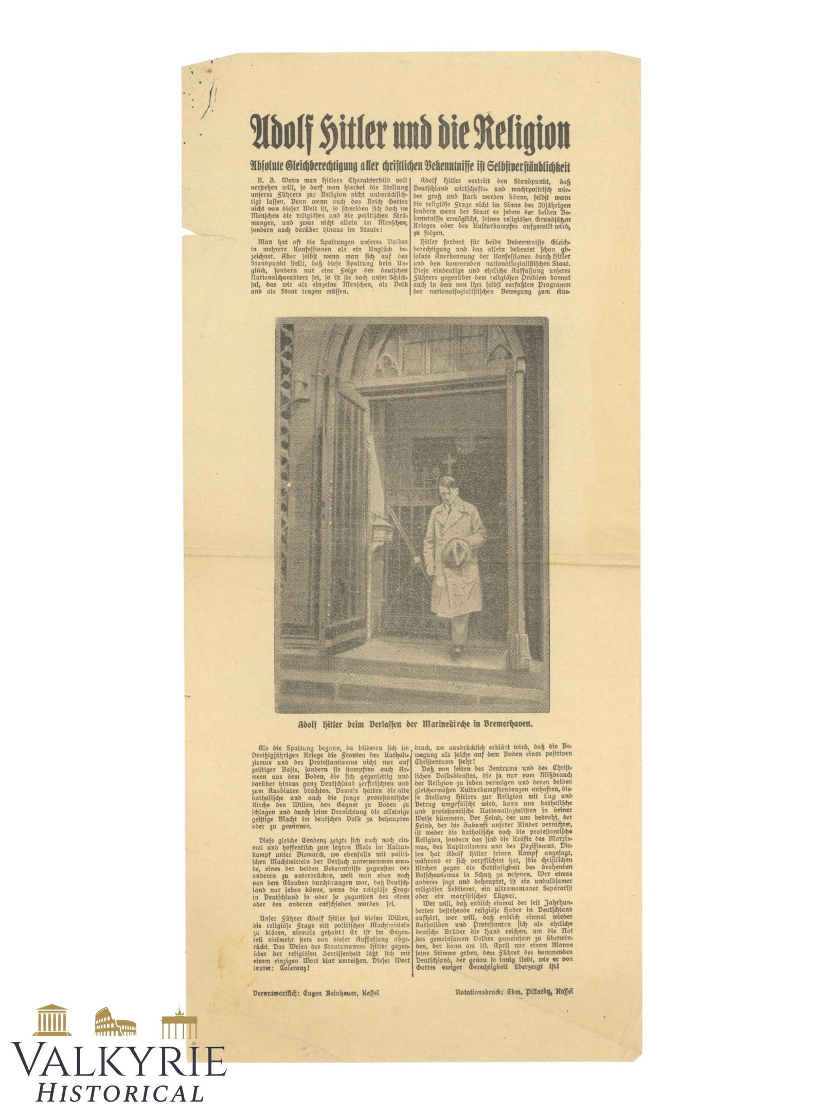 Pro Hitler Electoral Propaganda Leaflet "Hitler and the Religion" (1 of 2)