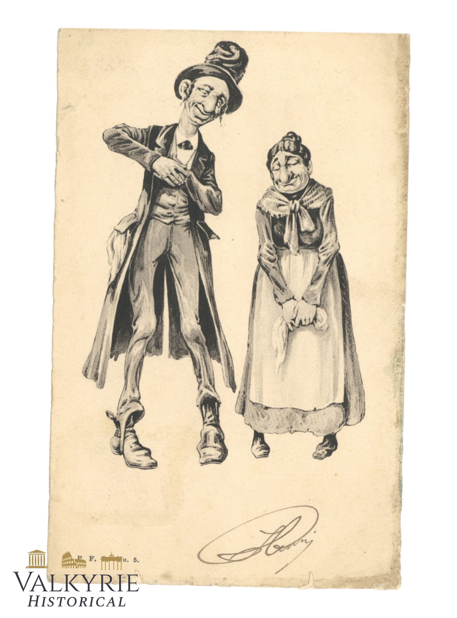 French Anti-Semitic Postcard With a Drawing of a Jewish Couple Represented as Ugly Man and Woman: French Anti-Semitic Postcard With a Drawing of a Jewish Couple Represented as Ugly Man and Woman. Circulated around 1905. All items for this auction will be shipping from Europe. Shipping cost $25 it
