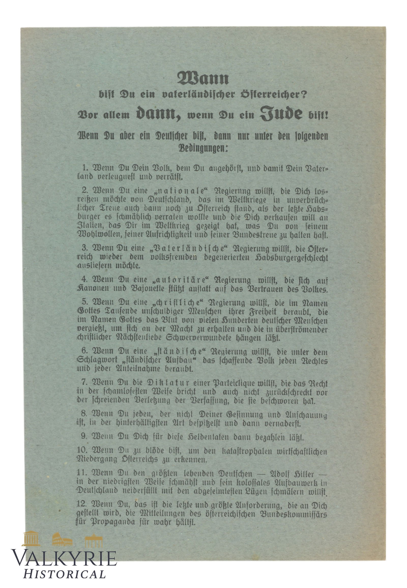 Nazi Patriotic and Anti-Semitic Leaflet "When Are You a Patriotic Austrian?..." 1930s (1 of 2)